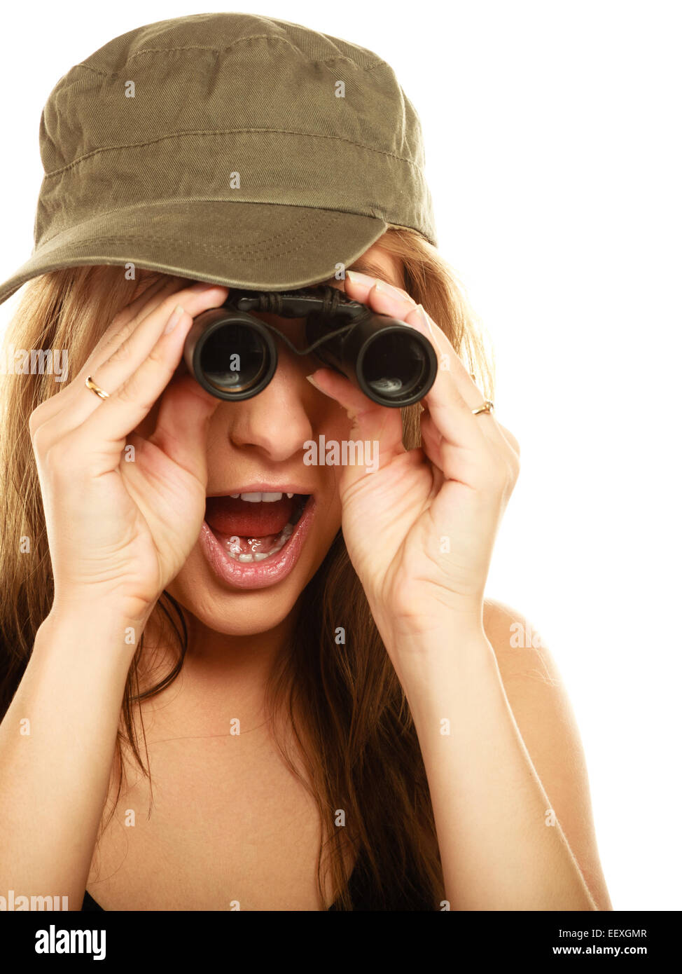 Beautiful woman in military clothes search with binoculars, surprised fit army girl open mouth isolated on white Stock Photo