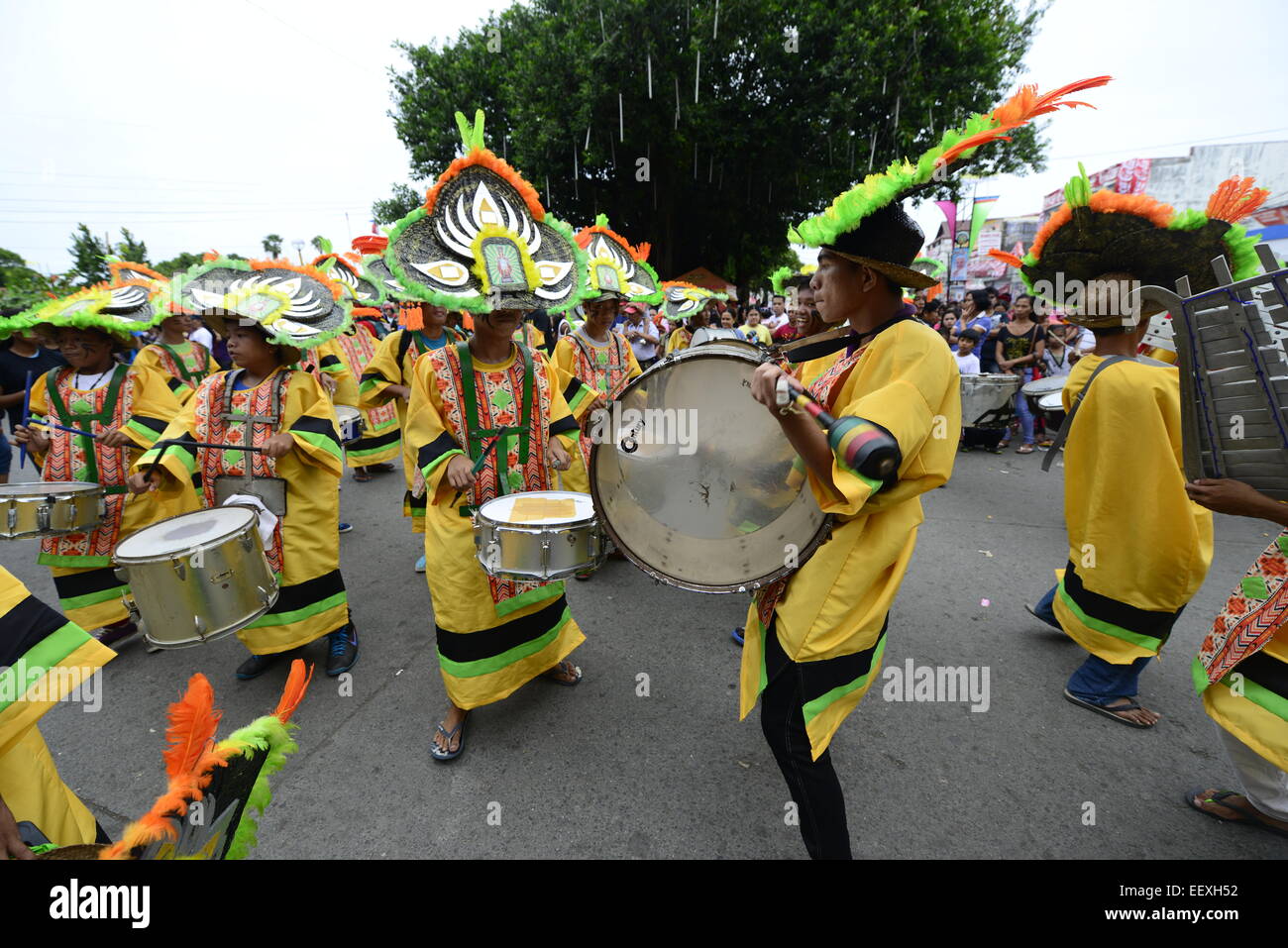 Colorful costumes and loud beat during a 'Ati Atihan' procession in Kalibo. Stock Photo