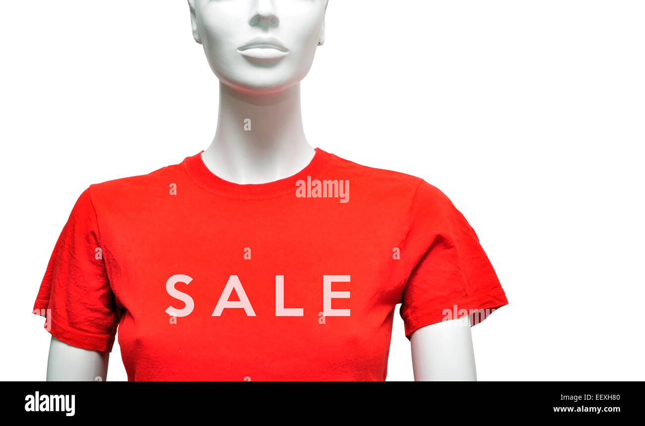 woman mannequin red t-shirt with sale text over white Stock Photo