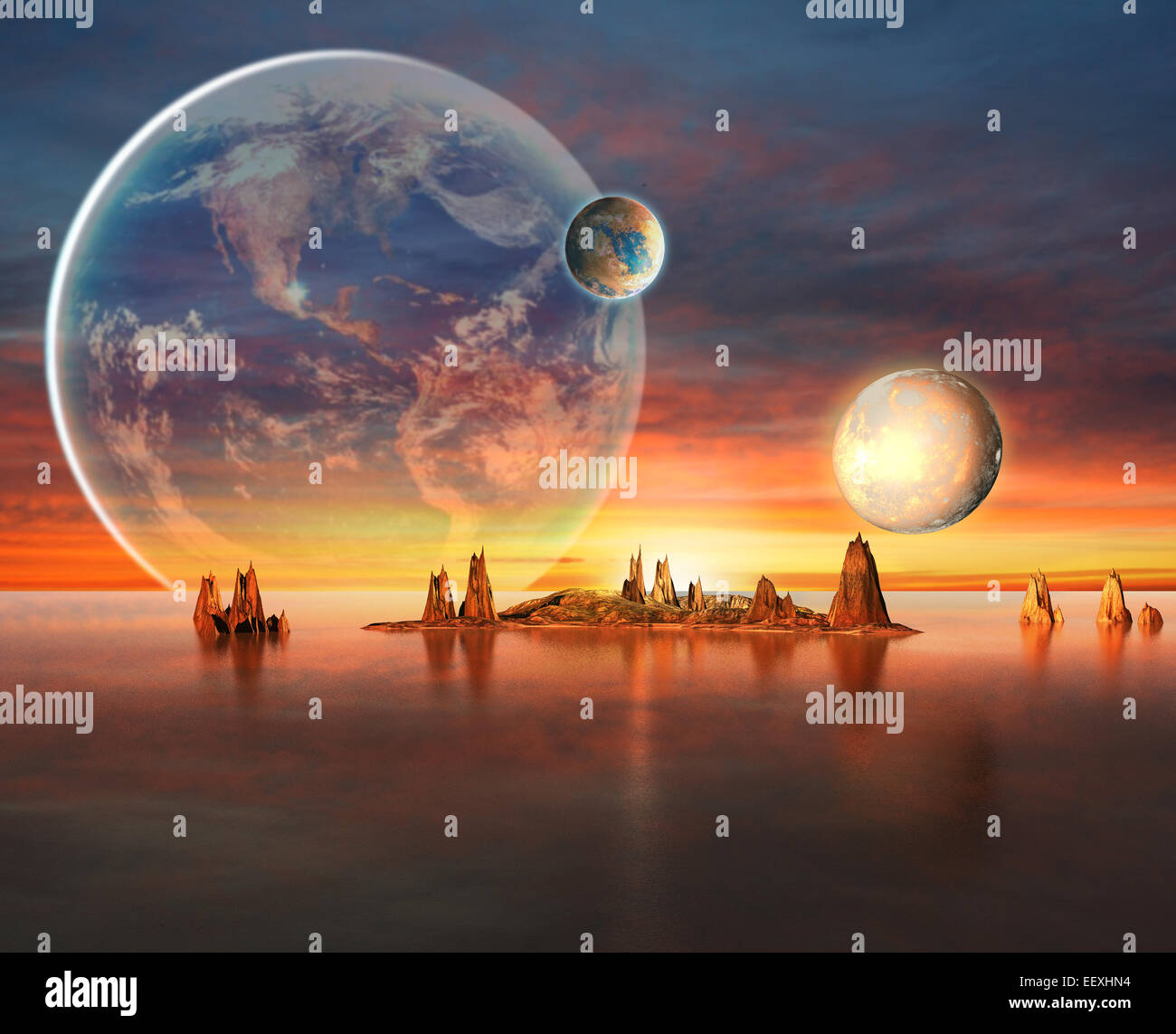 Alien Planet With Earth Moon And Mountains . Stock Photo
