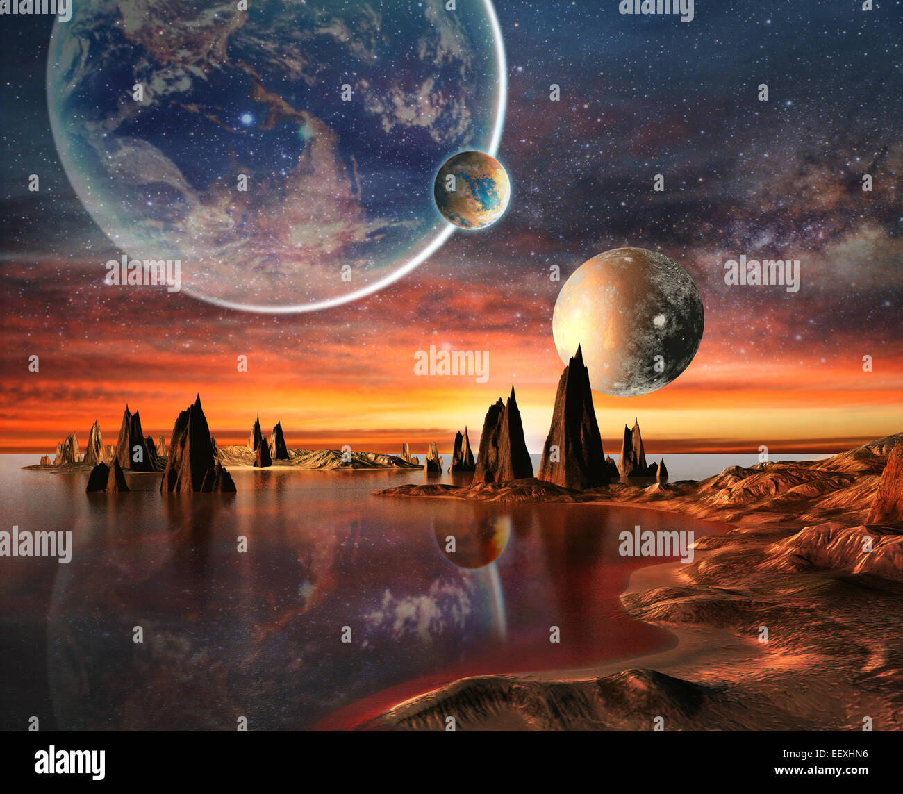 Alien Planet With Earth Moon And Mountains . Stock Photo