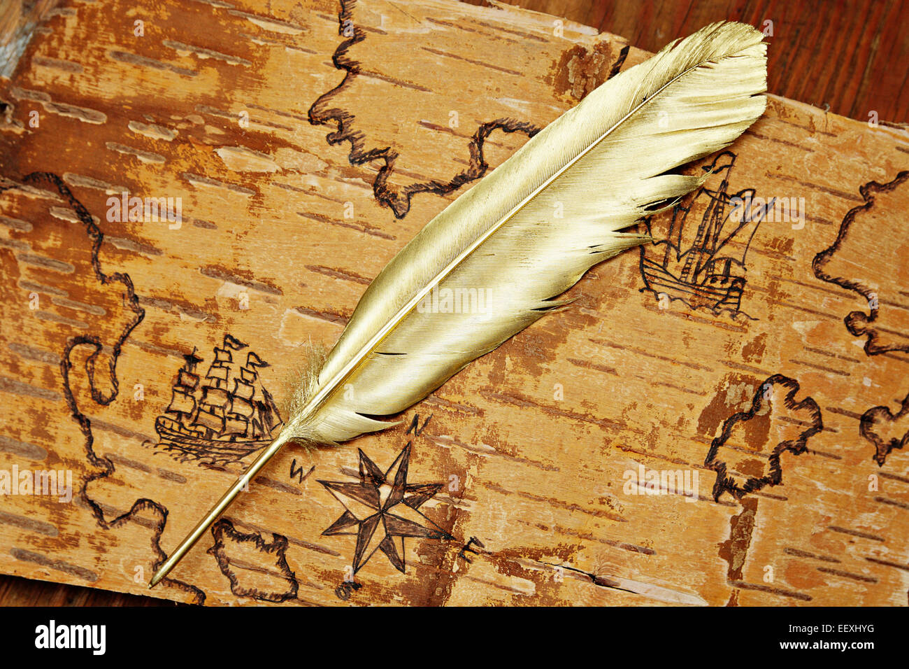 Gold quill pen on unusual sea map with ships on the order of olden time