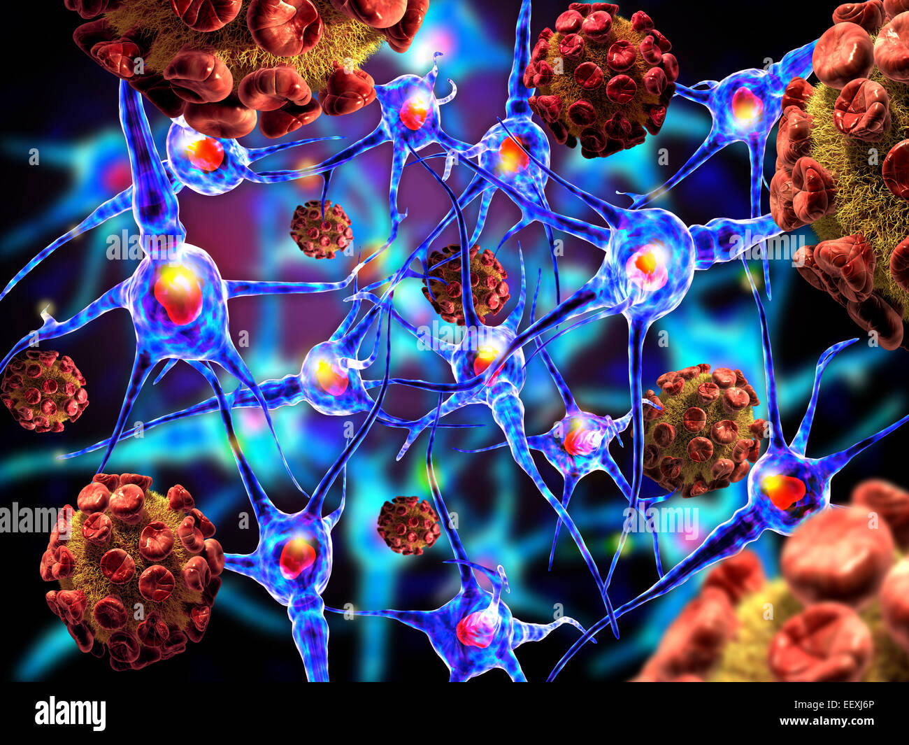 3d illustration of viruses attacking nerve cells Stock Photo