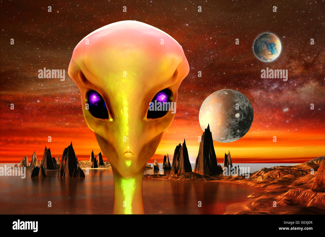 3d render of alien planet and alien. Stock Photo