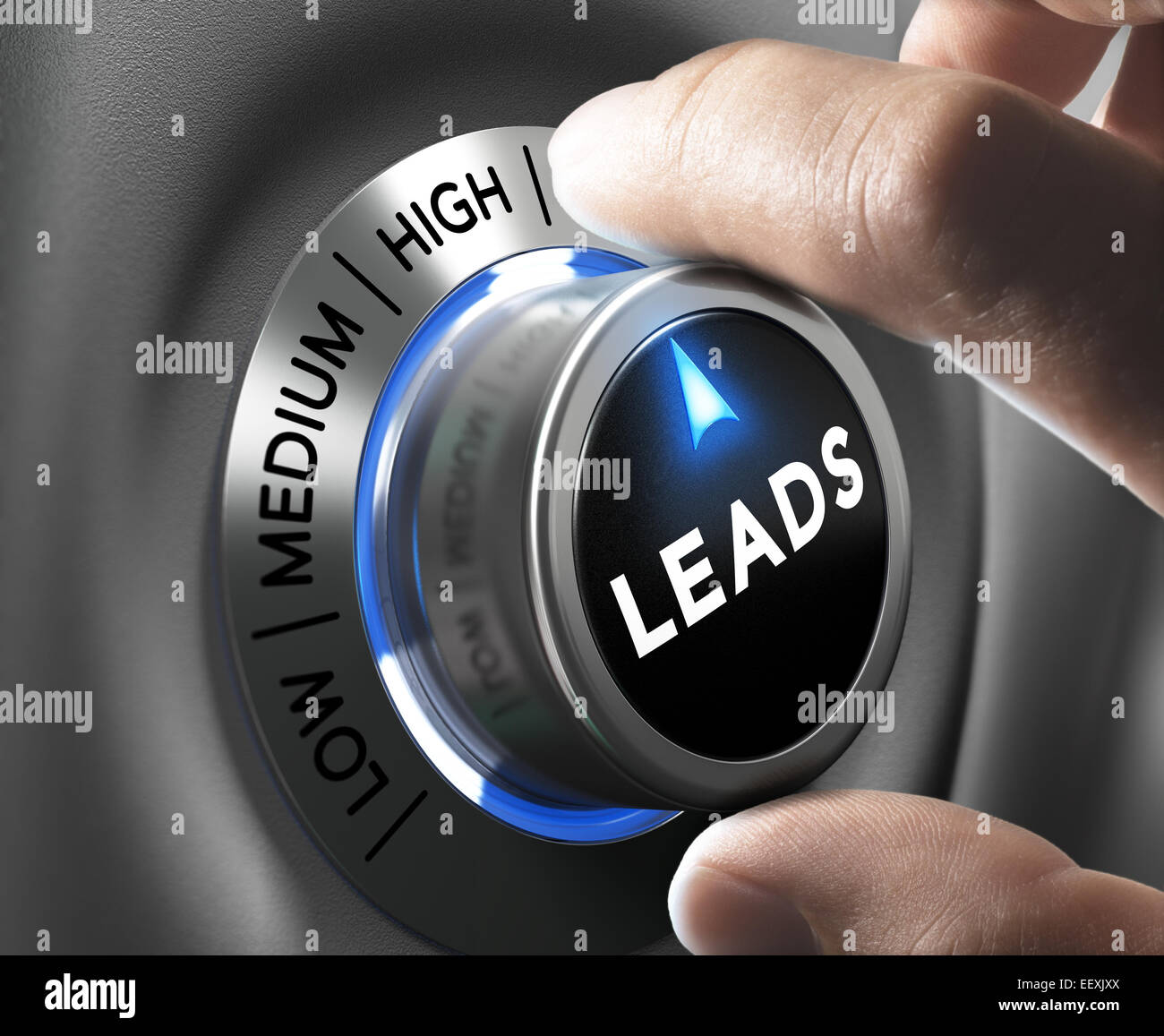 Leads button pointing  high position with two fingers, blue and grey tones, Conceptual image for increasing sales lead. Stock Photo