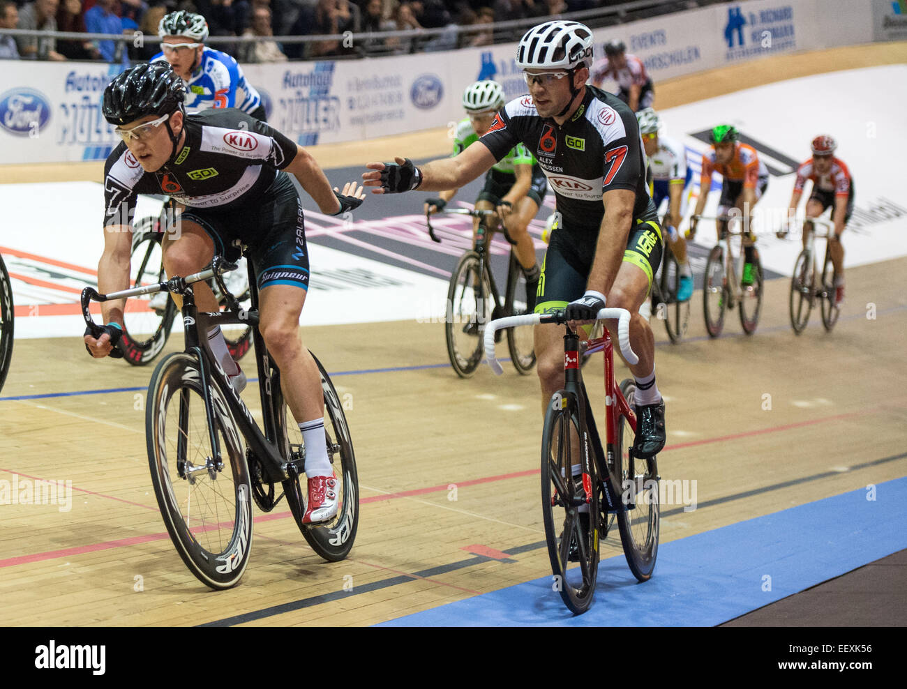 Berlin, Germany. 22nd Jan, 2015. Alex Rasmussen (R, Denmark)and Marc Hester (L, Denmark) ride at the 104th Berlin 6-Day Race in Berlin, Germany 22 January 2015. Credit:  dpa picture alliance/Alamy Live News Stock Photo