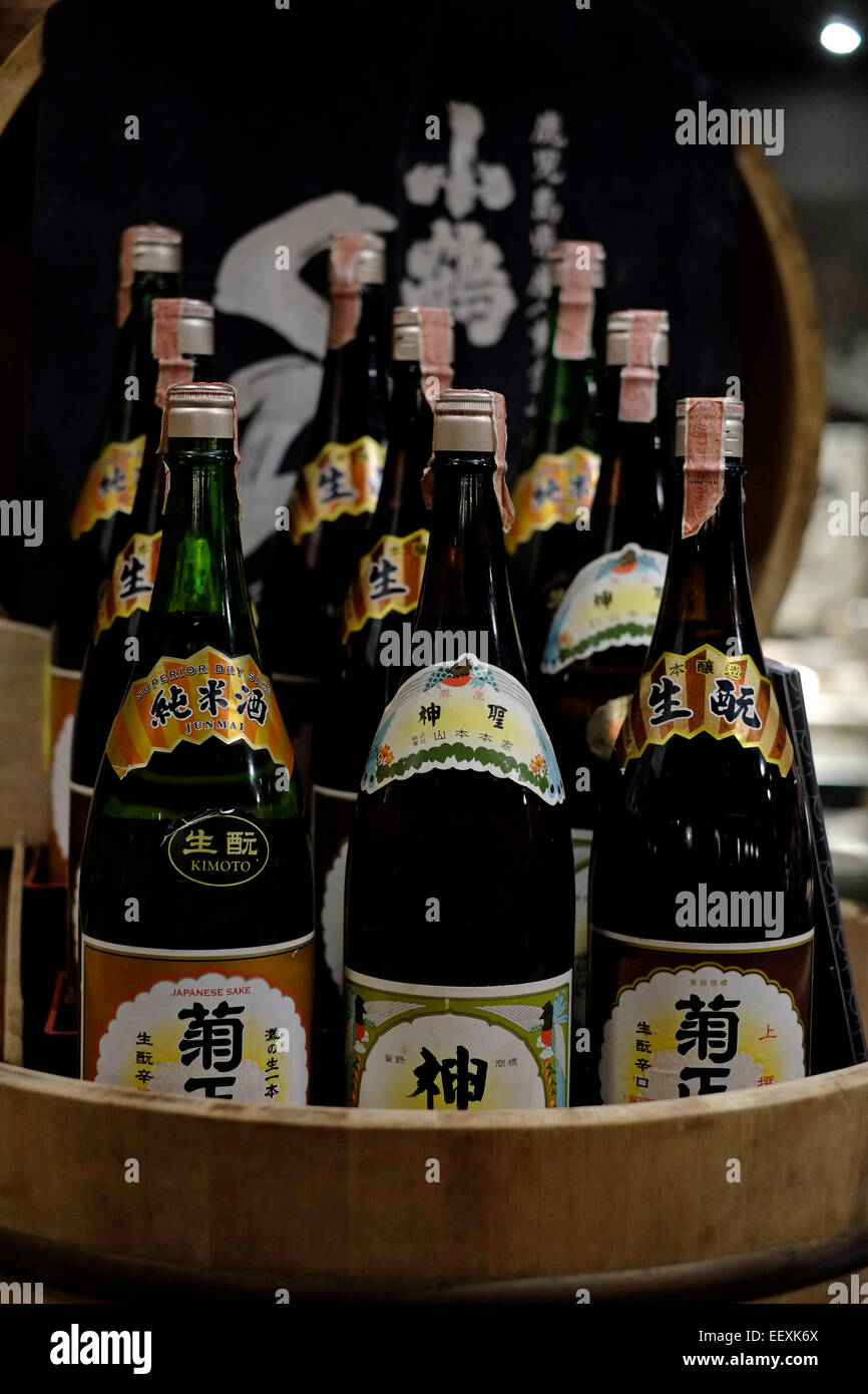 Bottles of Sake an alcoholic beverage of Japanese origin that is made