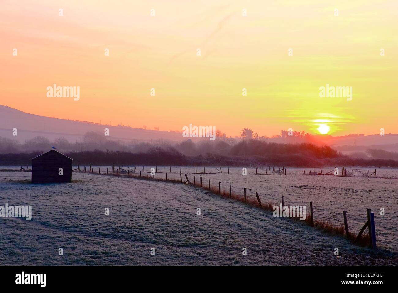 Bridport, Dorset, UK. 23 January 2015. West Dorset woke to sub zero temperatures and a frosty sunrise Credit:  Tom Corban/Alamy Live News Stock Photo