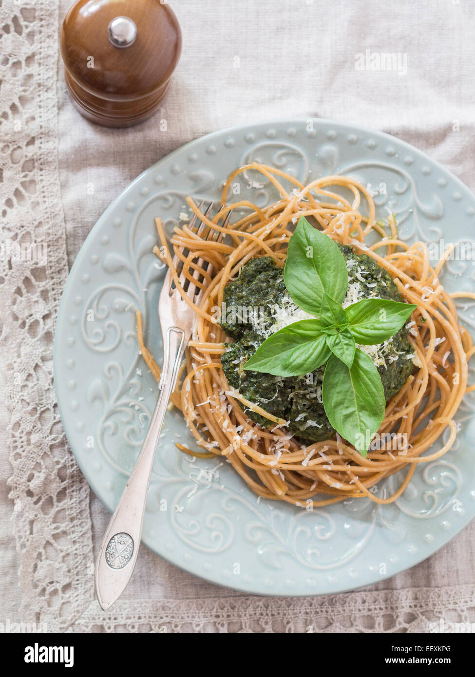 Whole grain spaghetti with homemade basil pesto Stock Photo Alamy