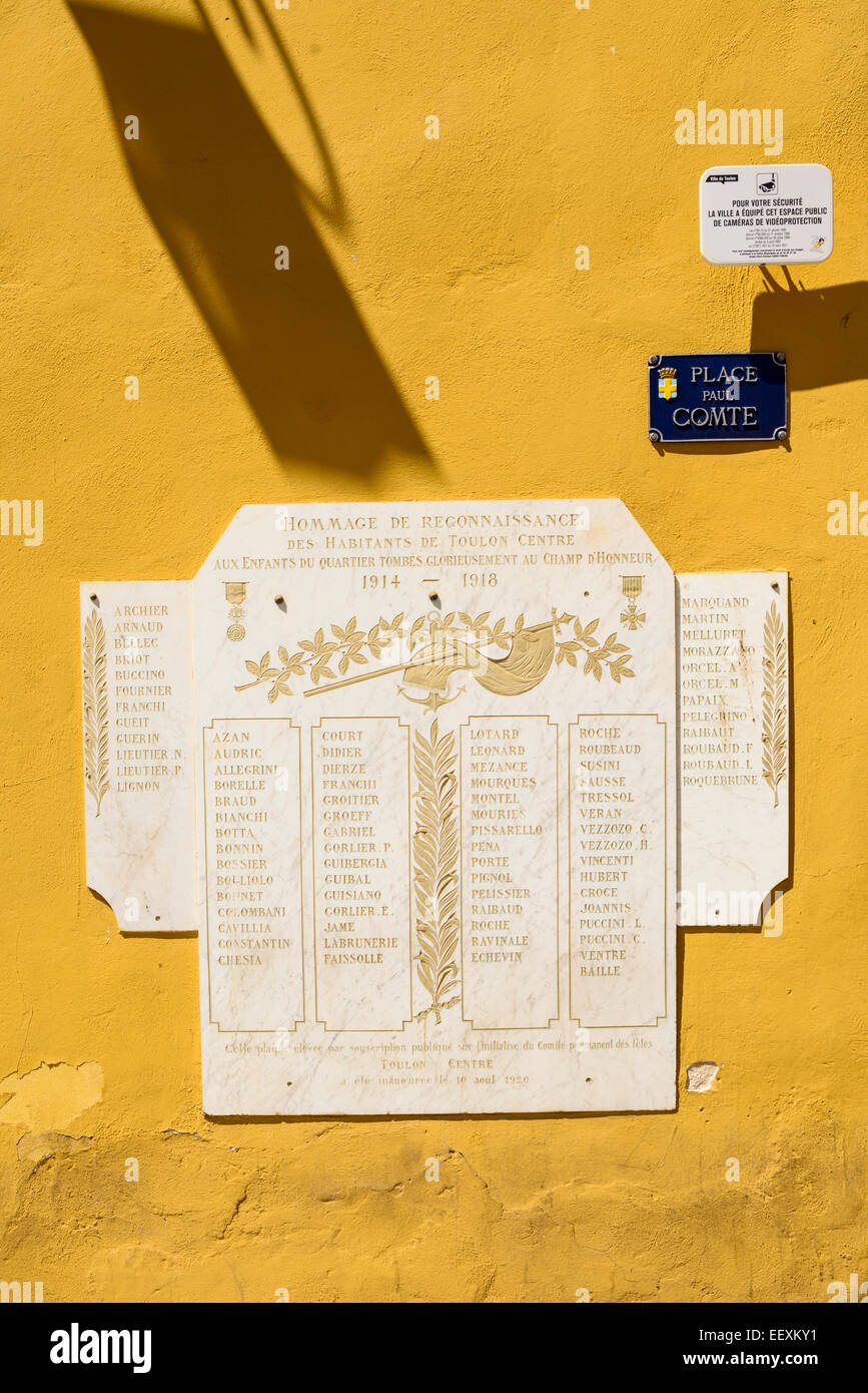 The 1st World War Memorial marble plaque in Toulon, Var, PACA (Provence-Alpes-Cote d'Azur), France Stock Photo