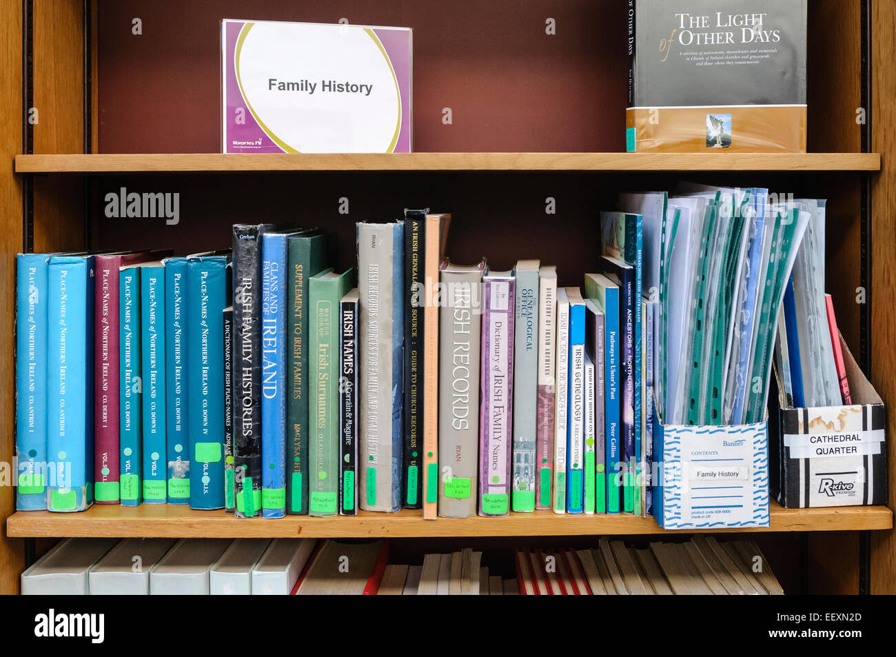 Books on Irish family history and genealogy research in a Belfast library Stock Photo
