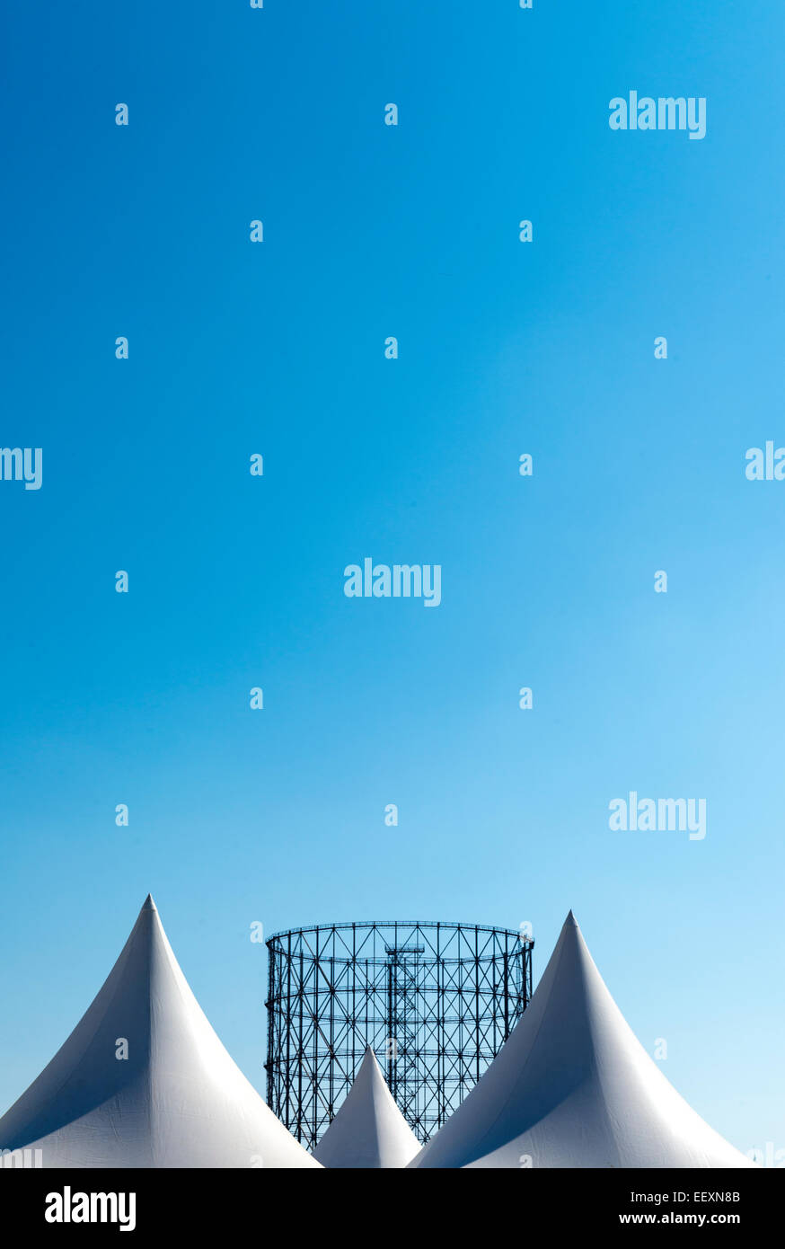 White tent and gasometer in Rome, Italy Stock Photo