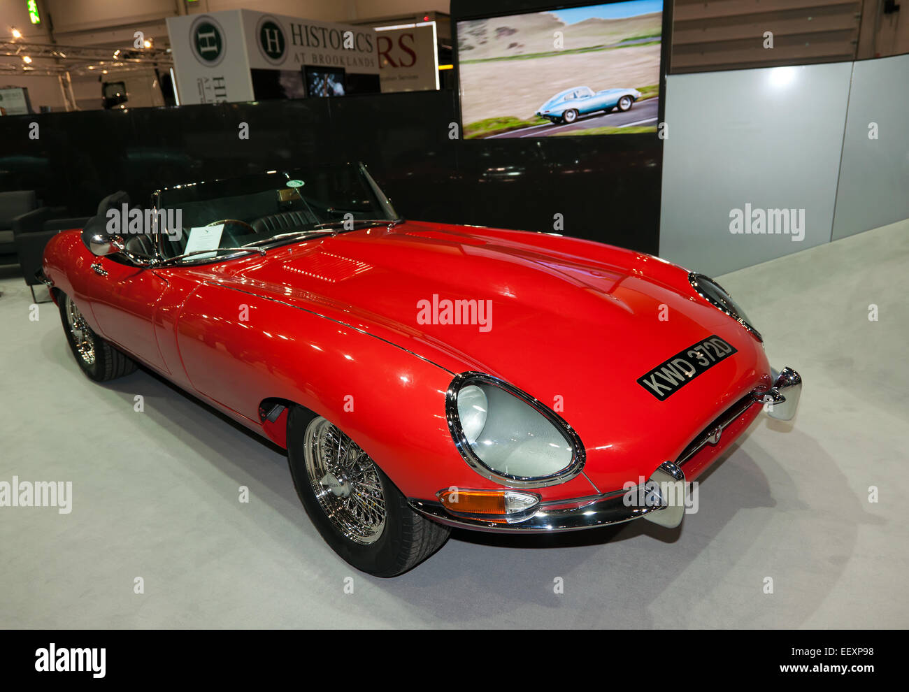 A classic vintage 1966 E-Type Jaguar on display at the London Classic Car Show Stock Photo
