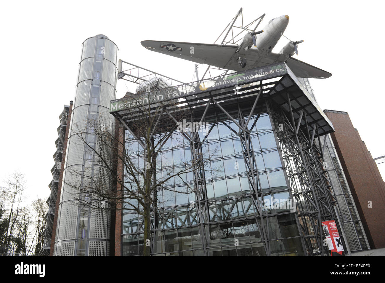German Museum of Technology. Building on Landwehr Canal, toppe by an US Air Force Douglas C-47B. Berlin. Germany. Stock Photo