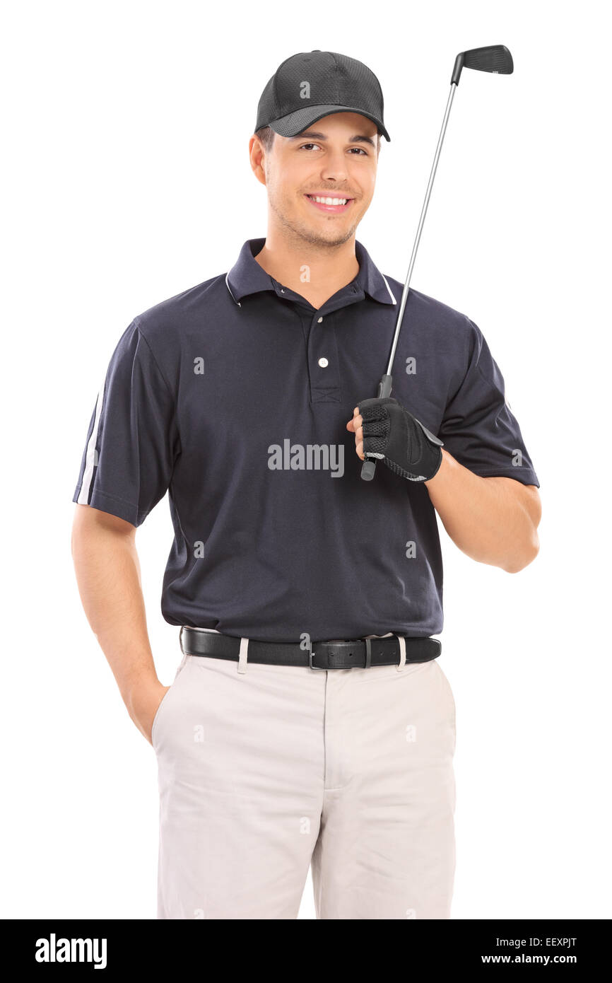 Young professional golfer posing isolated on white background Stock