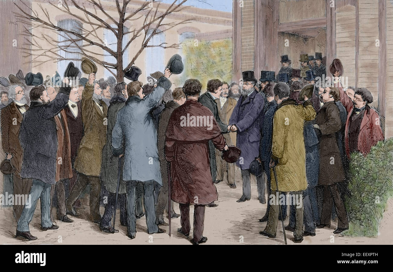 Robert Koch (1843-1910). German physician. Nobel Prize in Medicine, 1905. Berlin, Ovation of German and foreign doctors to dr. Koch, leaving the hospital. The Spanish and American Illustration, 1890. Colored engraving. Stock Photo