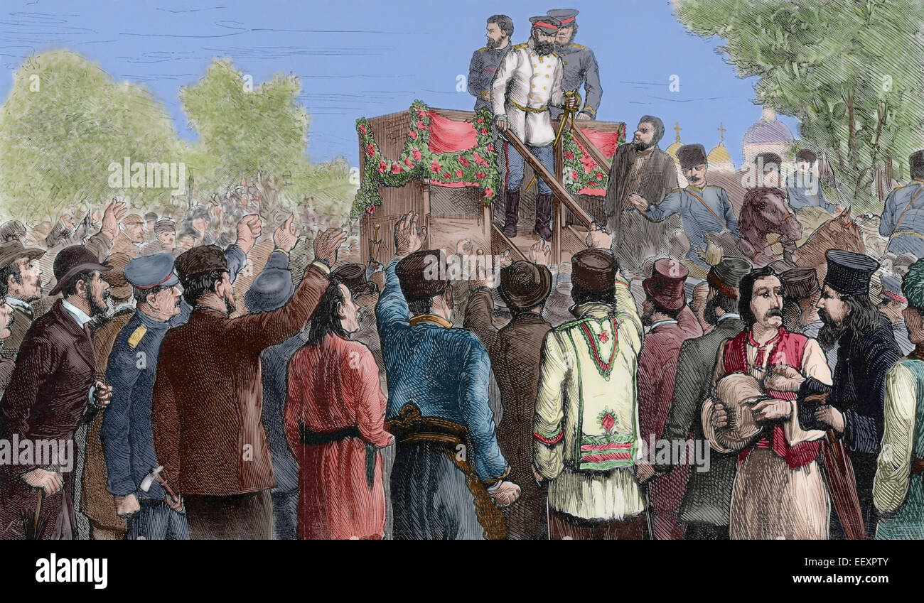 Alexander Kaulbars (1844-1925). General of the Imperial Russian Navy and explorer of Central Asia. Bulgaria. Sofia. Voters interrupting a speech by General Kaulbars. Engraving by Rico. The Spanish and American Illustration, 1886. Colored. Stock Photo