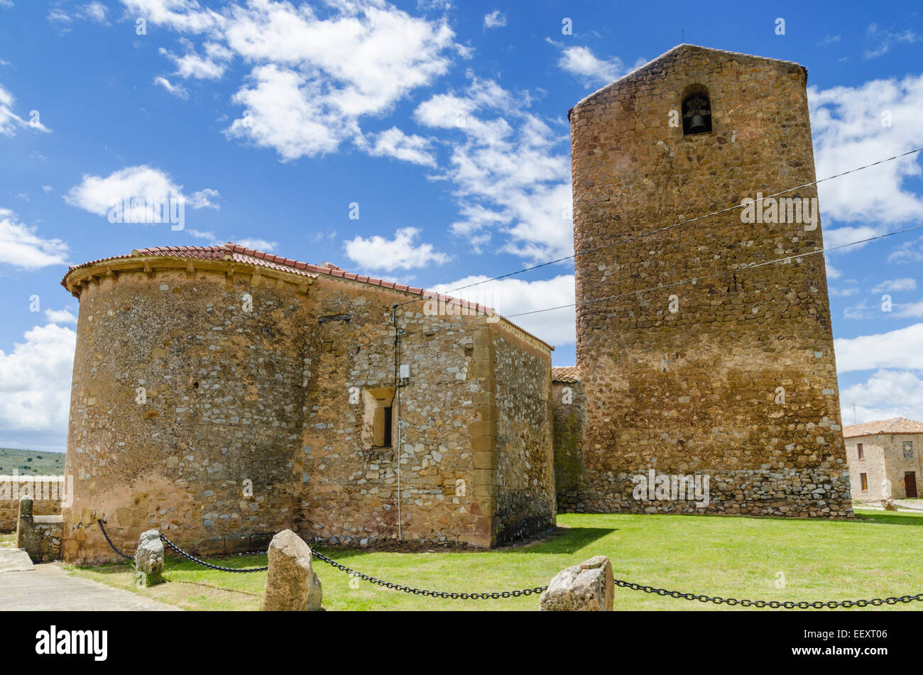 Torre de Aldealpozo and Iglesia de San Juan Bautista, Soria, Castilla y Leon, Spain Stock Photo