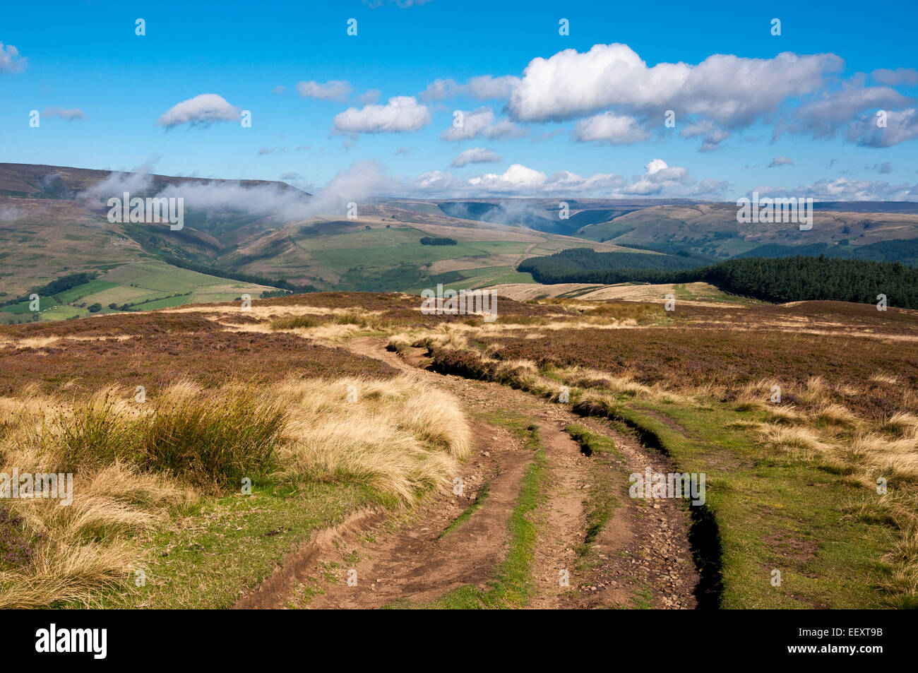 Well worn track leading from Win Hill to Hope Cross in the Peak District. A sunny late summer day. Stock Photo