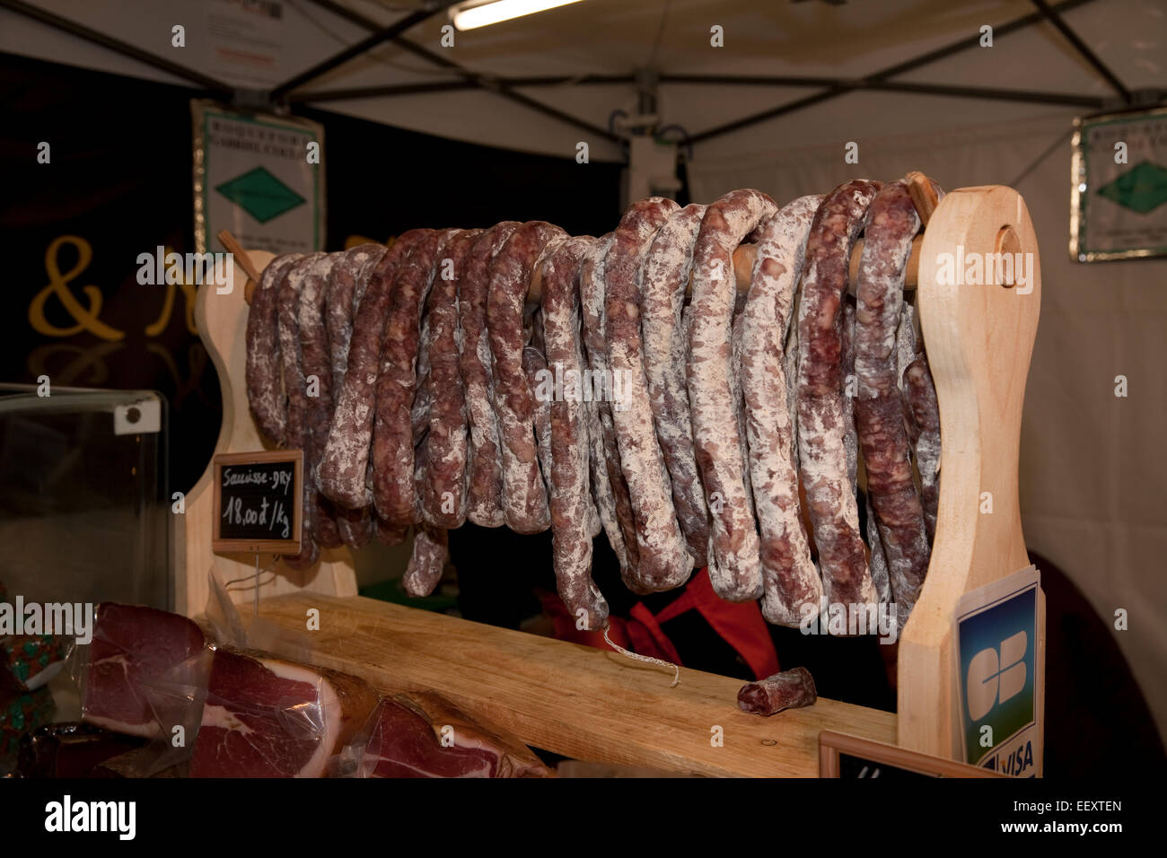 A selection of saucisson at the France Show which opened today at Olympia in London Stock Photo