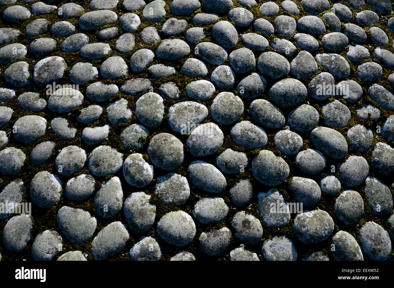 Oval Stones Are Densely Packed At The Embankment Of A Small Pond