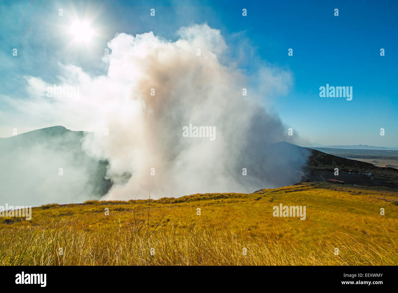 Main crater of Masaya Volcano caldera, Nicaragua's 1st national park, it's vent is usually shrouded in smoke; Masaya, Nicaragua Stock Photo