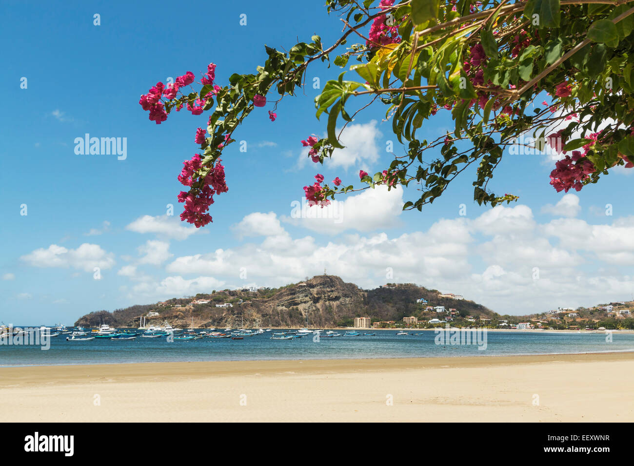 Lookout hill and the half moon beach at this popular tourist hub for southern surf beaches; San Juan del Sur, Rivas, Nicaragua Stock Photo