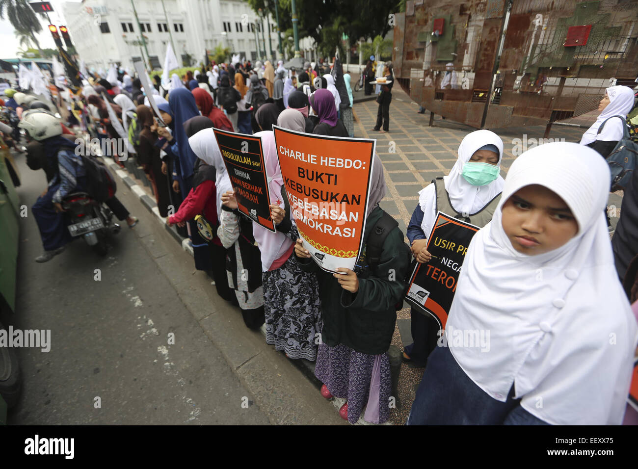 Yogyakarta, Indonesia. 23rd Jan, 2015. Indonesia muslim Hizbut Tahrir held anti Charlie Hebdo protest on January 23, 2015 in Yogyakarta, Indonesia. They demanded the editor of Charlie Hebdo and the French government to stop all forms of insult to Prophet Muhammad and exciting final issue number 3 million copies of the latest edition of the load back the cartoons of the Prophet Muhammad. Credit:  Sijori Images/ZUMA Wire/Alamy Live News Stock Photo
