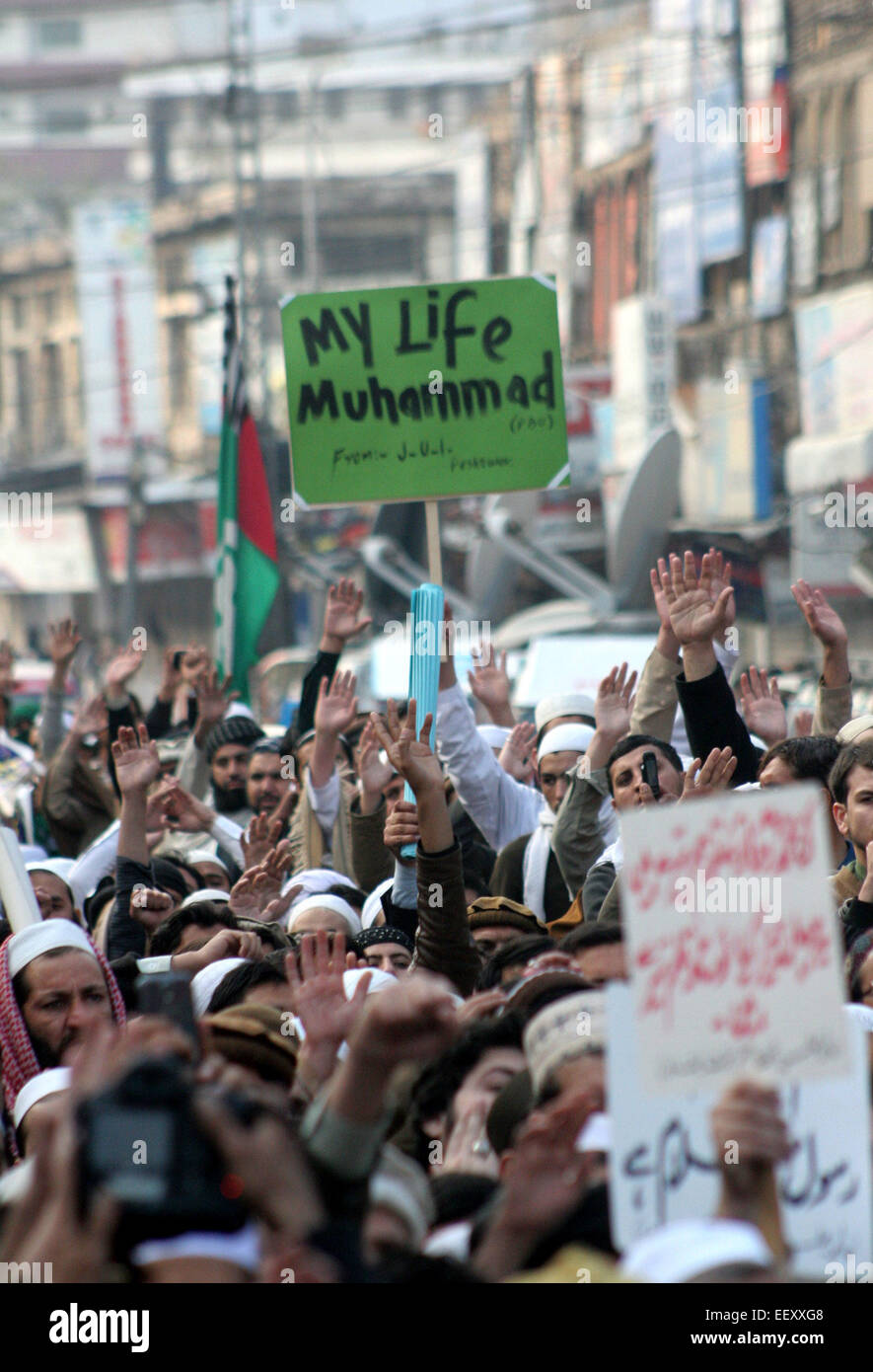 Peshawar, Pakistan. 23rd Jan, 2015. Supporters of Pakistani religious groups protest against the printing of caricature of Prophet Muhammad by French magazine Charlie Hebdo, in northwest Pakistan's Peshawar on Jan. 23, 2015. Credit:  Ahmad Sidique/Xinhua/Alamy Live News Stock Photo