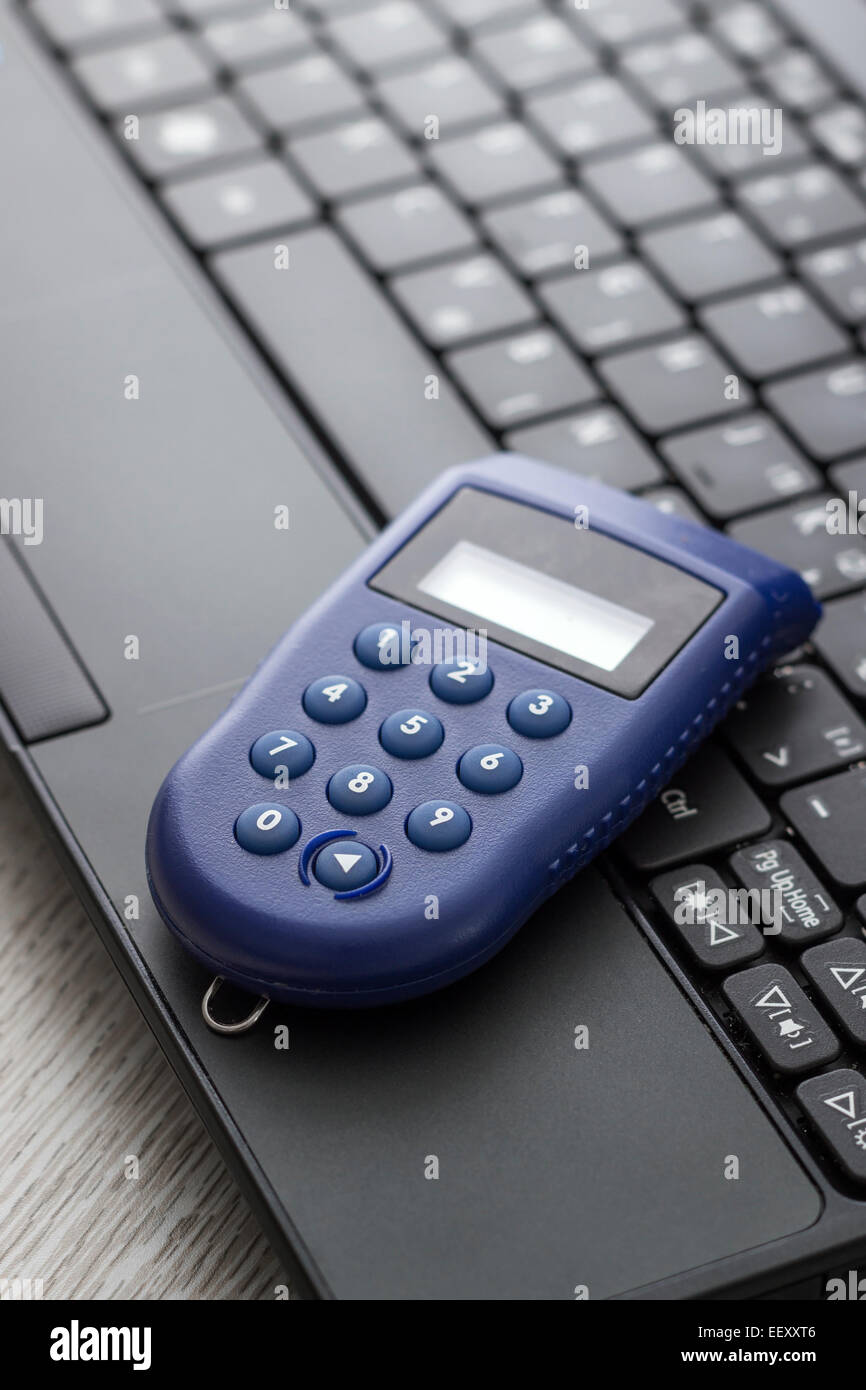 close up view of a computer notebook with a password generator Stock Photo