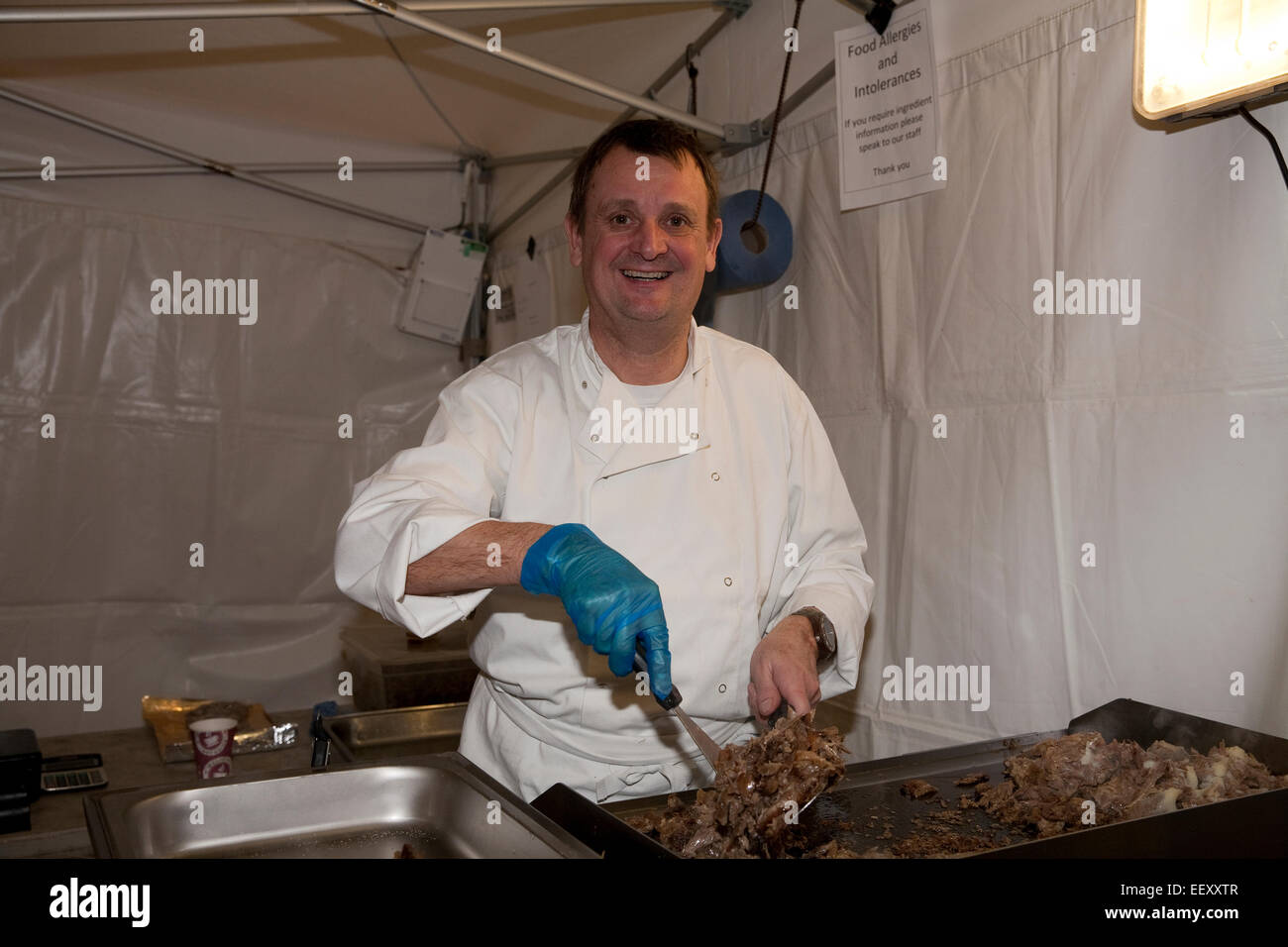 French duck ready for the confit of duck sandwich at the France Show 2015 in Olympia London Stock Photo