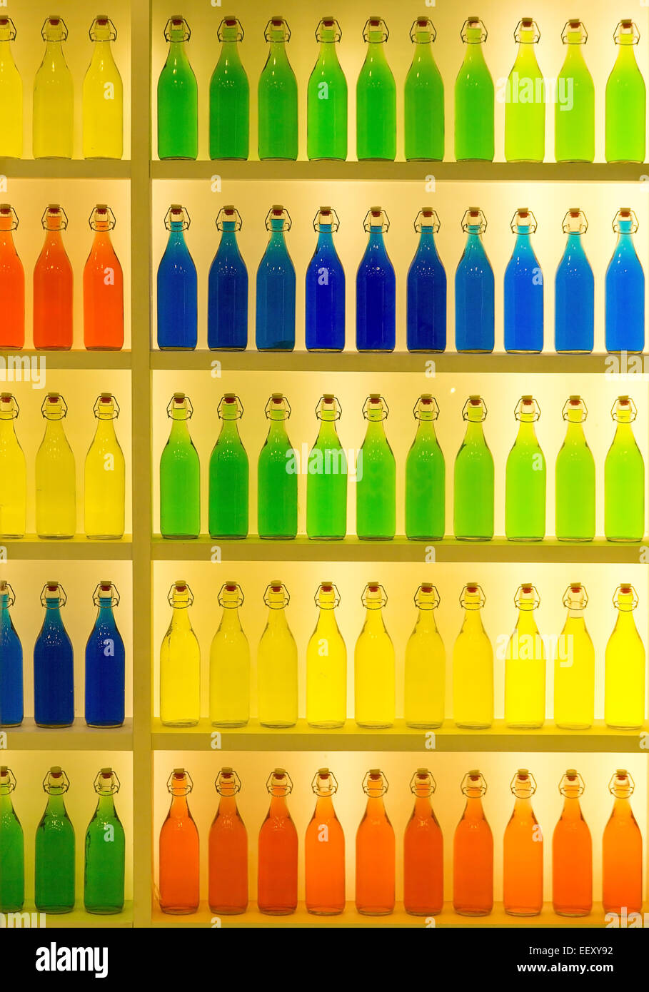 exhibition bottles with different colored liquid Stock Photo