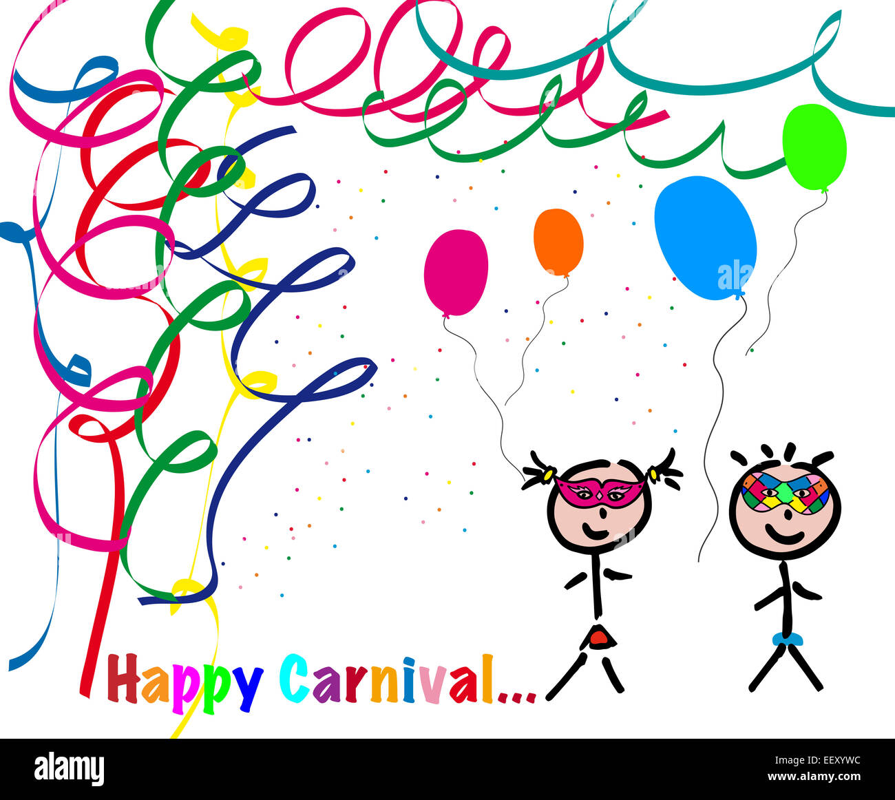 happy carnival, two children, boy and girl with masks, streamers and confetti Stock Photo