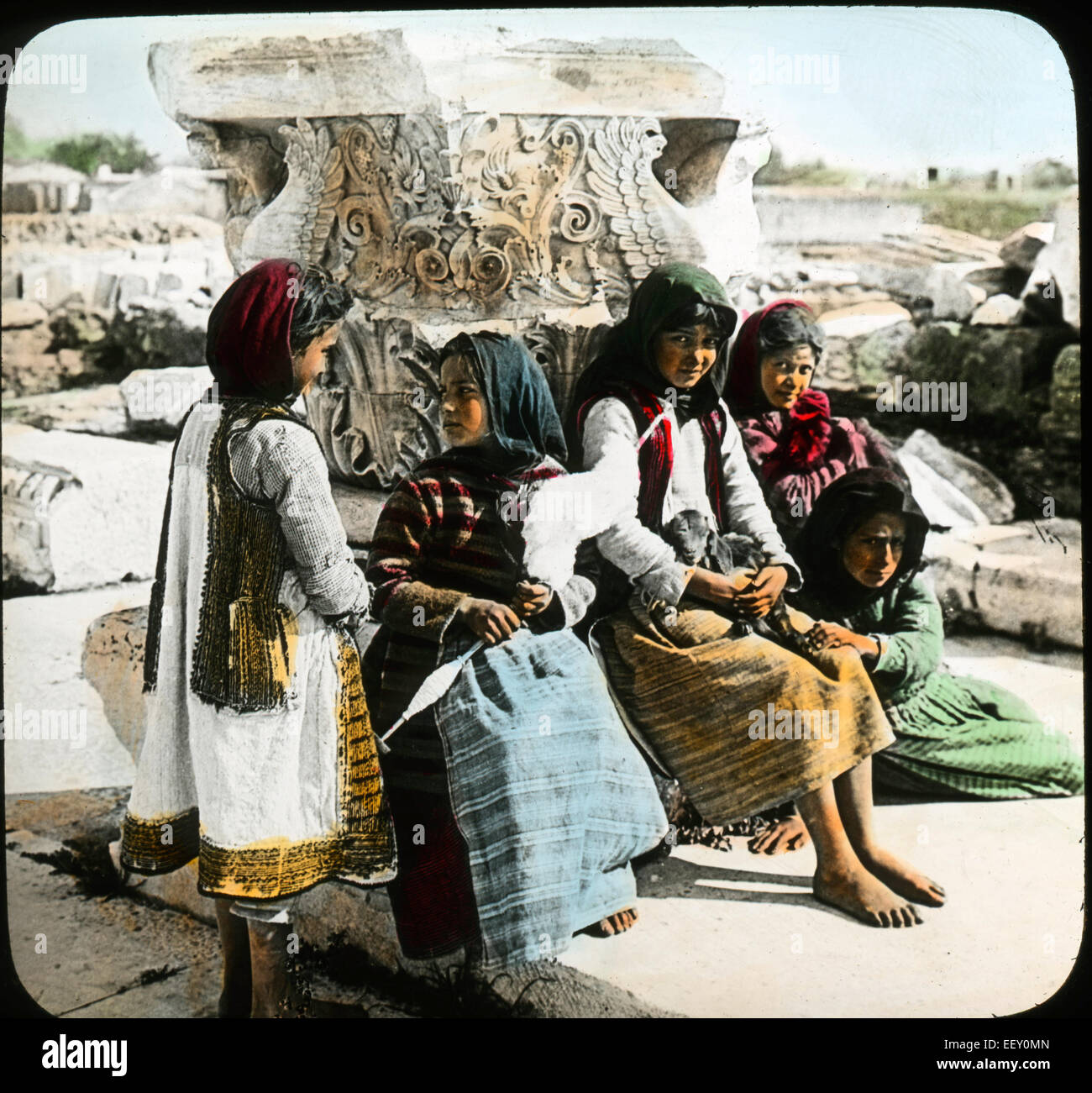 Greek Children Among Ancient Ruins, Athens, Greece, Magic Lantern Slide, circa 1910 Stock Photo