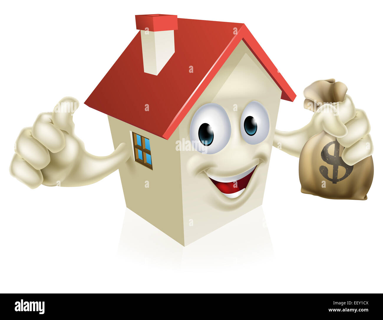 An illustration of a cartoon house character holding a sack of money and giving a thumbs up Stock Photo