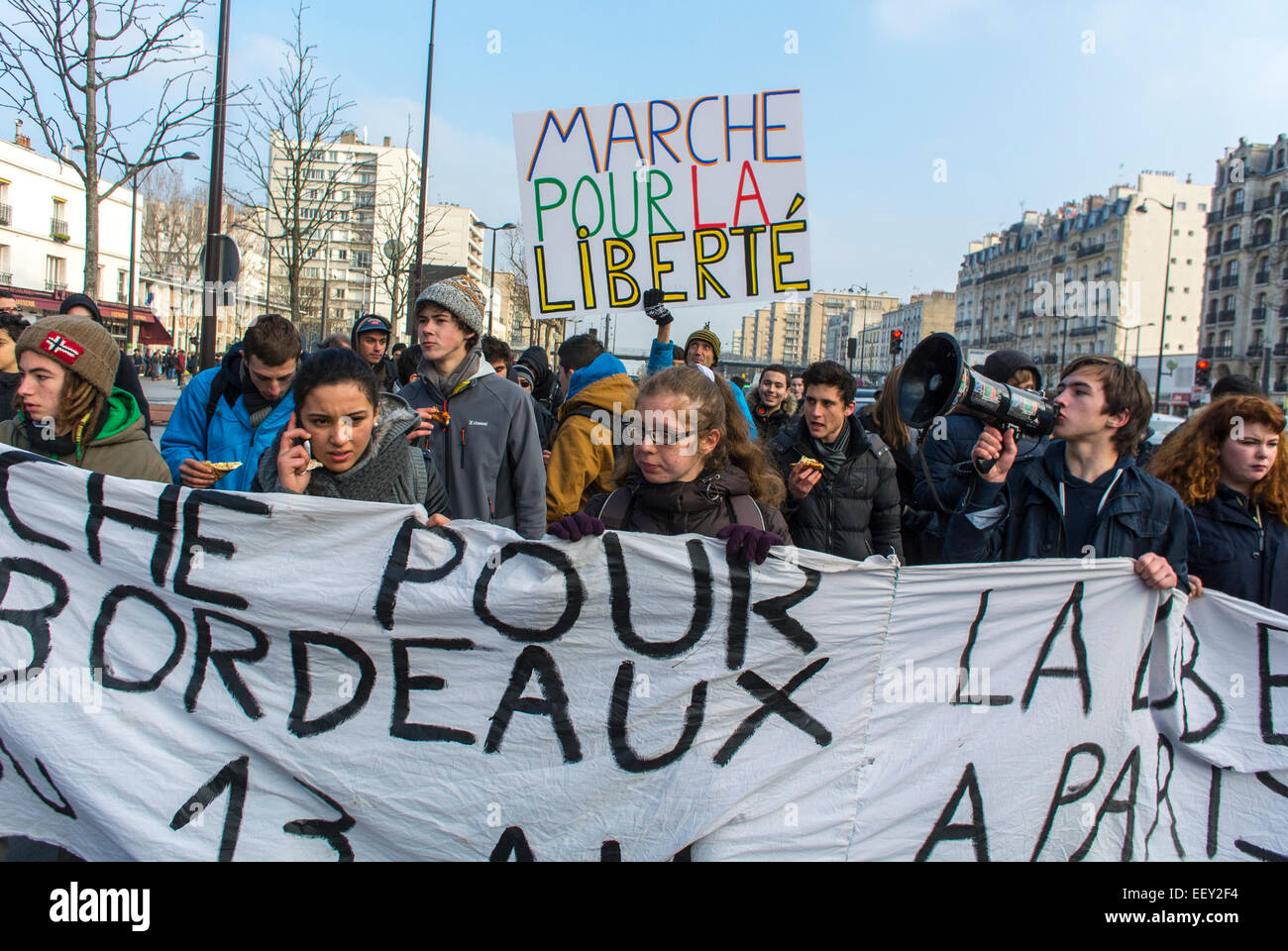 Paris, France French Hi-gh School Students March from Bordeaux in Support of 'Charlie Hebdo' Shooting Attack, Teenagers Holding Banners, Student Protests Stock Photo