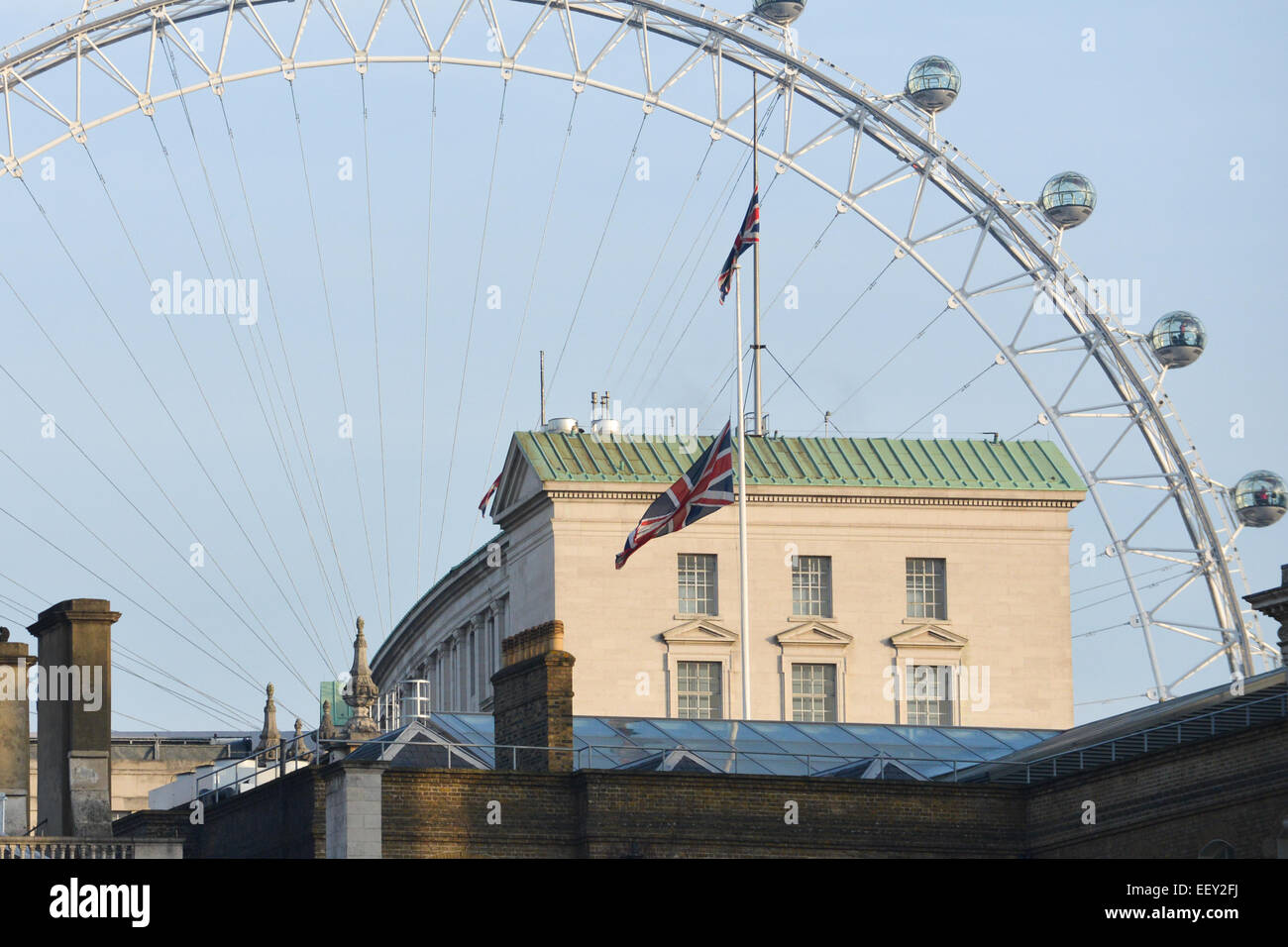 Whitehall, London, UK. 23rd January 2015. All the flags around Westminster and Whitehall are flying at half mast on the death of the Saudi King Abdullah bin Abdulaziz. Credit:  Matthew Chattle/Alamy Live News Stock Photo