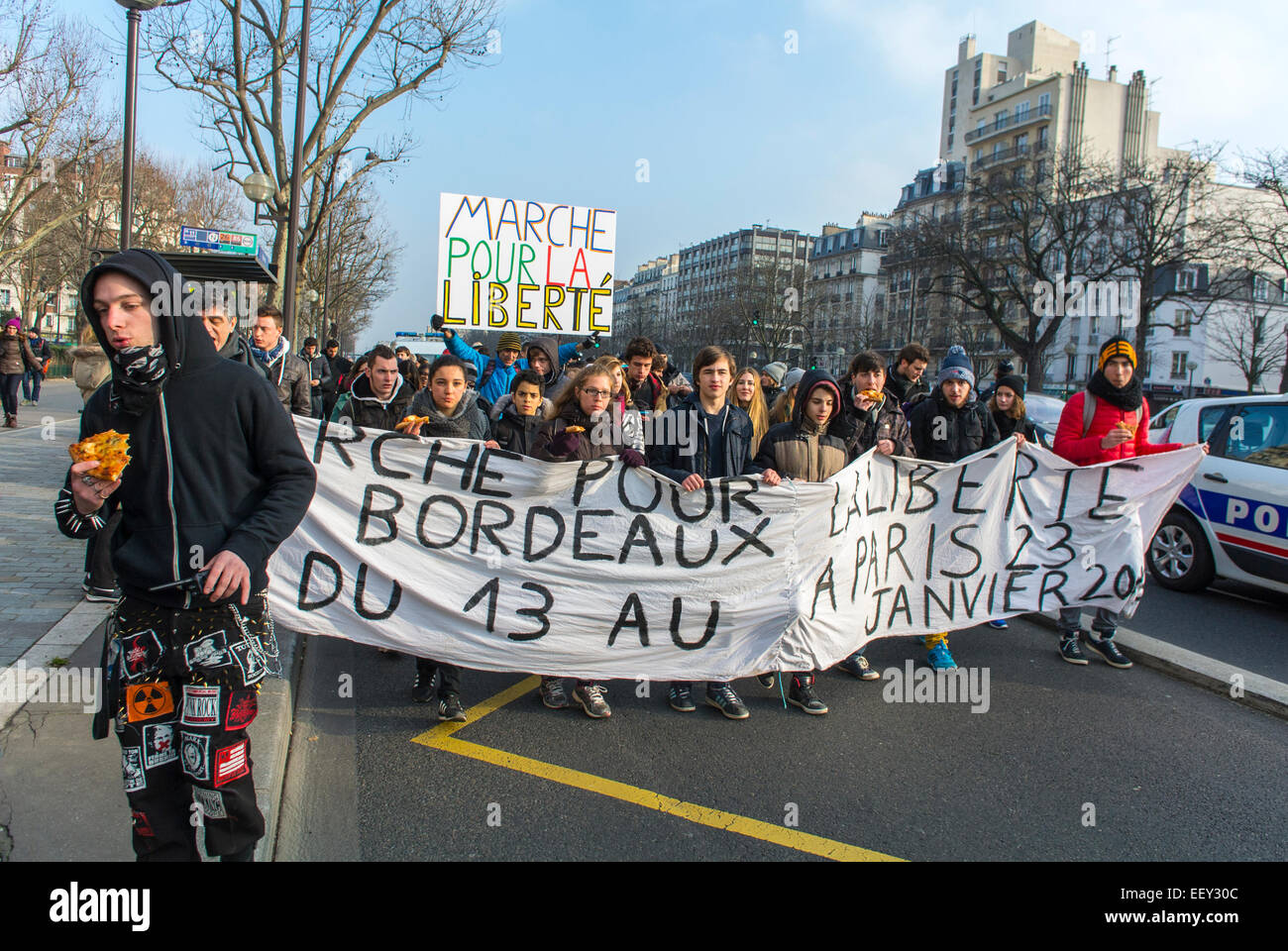 Paris, France French High Scho-ol Students March from Bordeaux in Support of Charlie Hebdo Shooting Attack, Teens Holding Banners, Student Protest, demonstration teen, France Protests Stock Photo