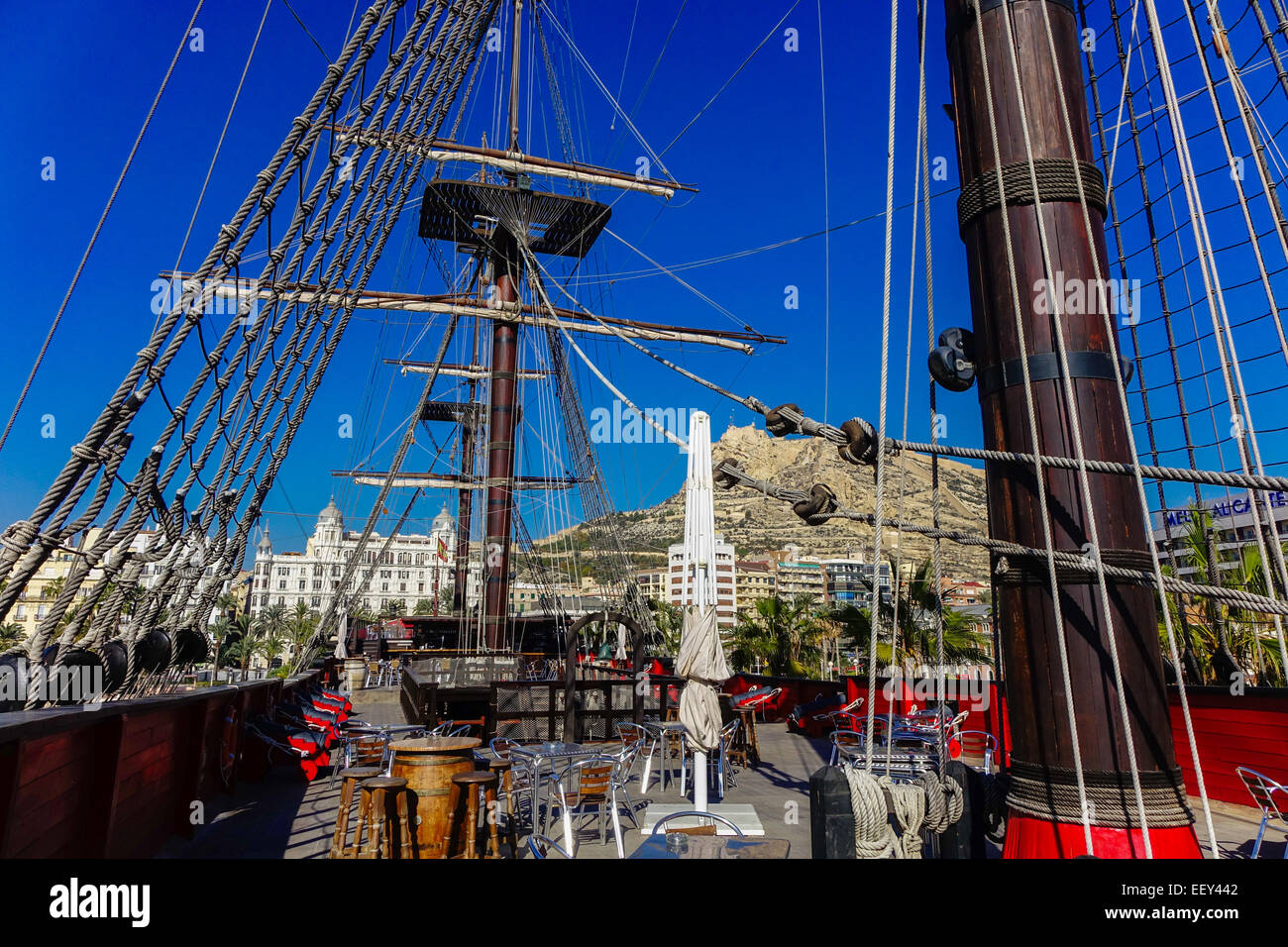 Santisima Trinidad replica warship, galleon berthed in the port of Alicante, Spain Stock Photo