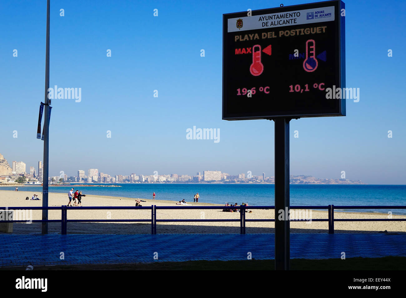 Sign showing the outside temperature in Alicante Spain Stock Photo