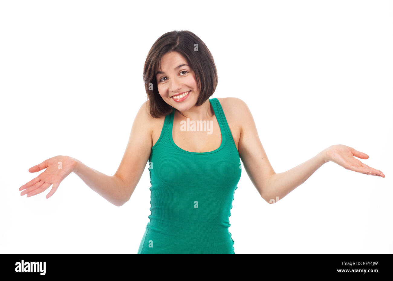 Portrait of a young brunette having a doubting gesture, isolated on white Stock Photo