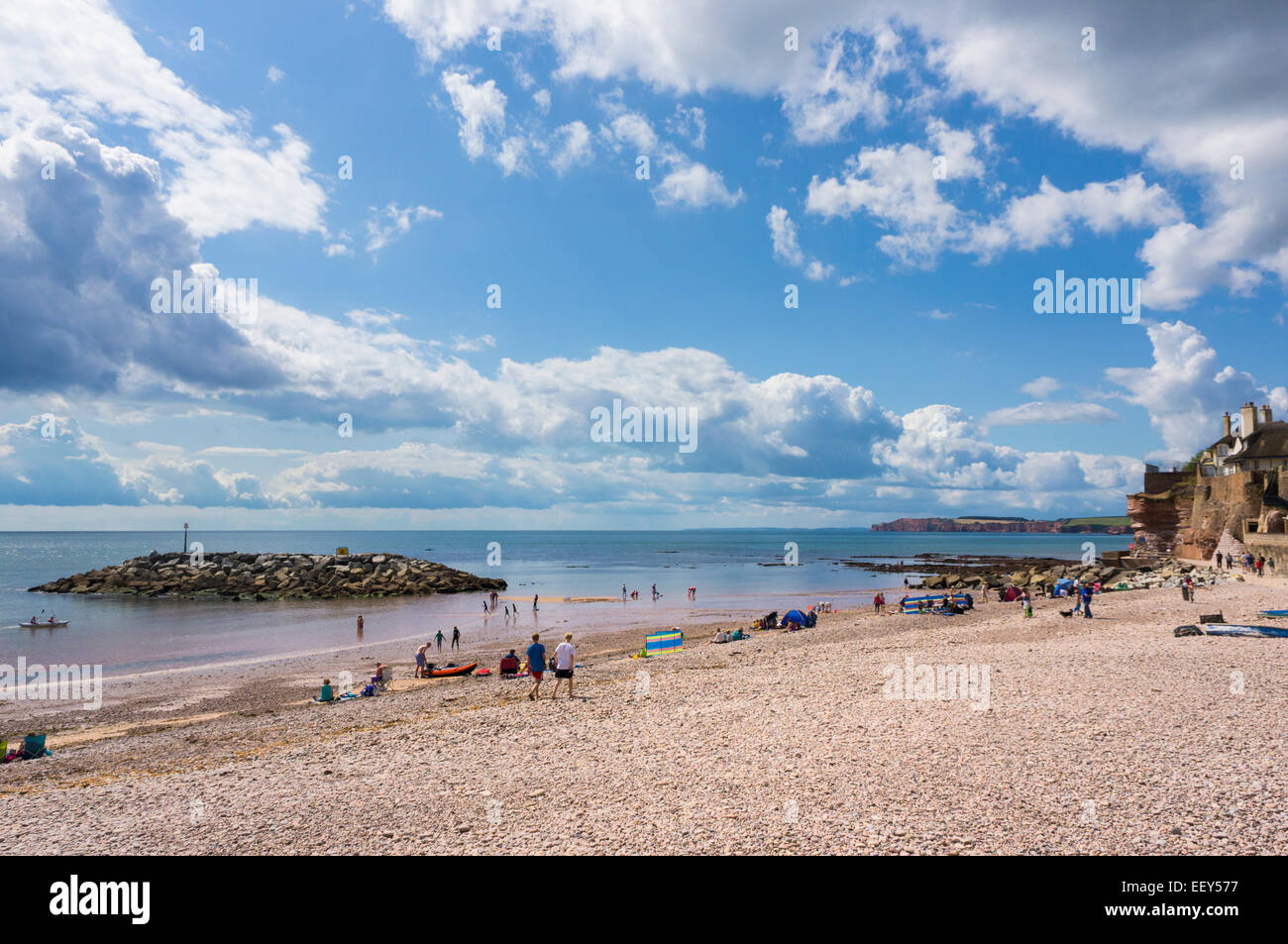 Sidmouth, Devon, beach UK - people in summer Stock Photo