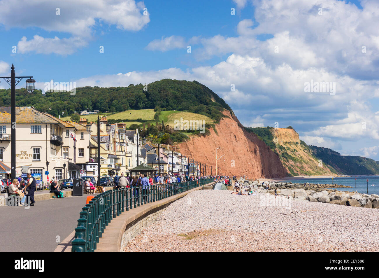 The seafront at Sidmouth, East Devon, England, UK in high summer on the Jurassic Coast Stock Photo