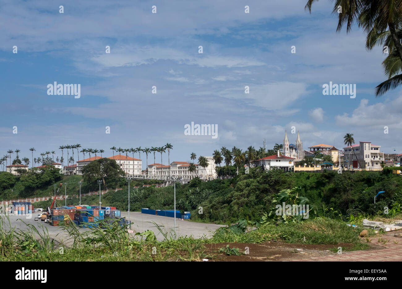 Presidential palace and old Spanish cathedral skyline of the capital city of Malabo, Equatorial Guinea, West Africa Stock Photo