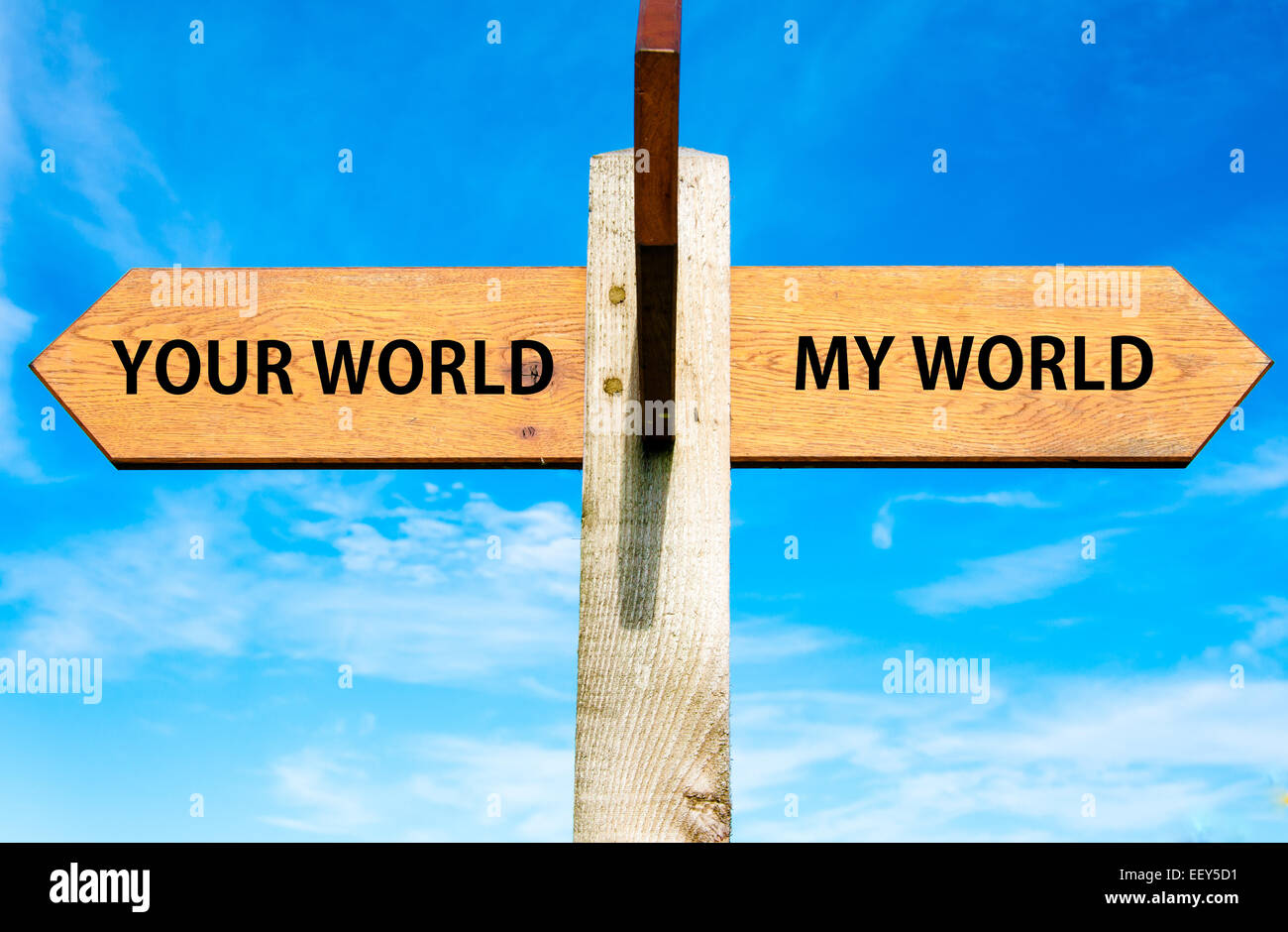 World Without Signposts Wooden signpost with two opposite arrows over clear blue sky, Your ...
