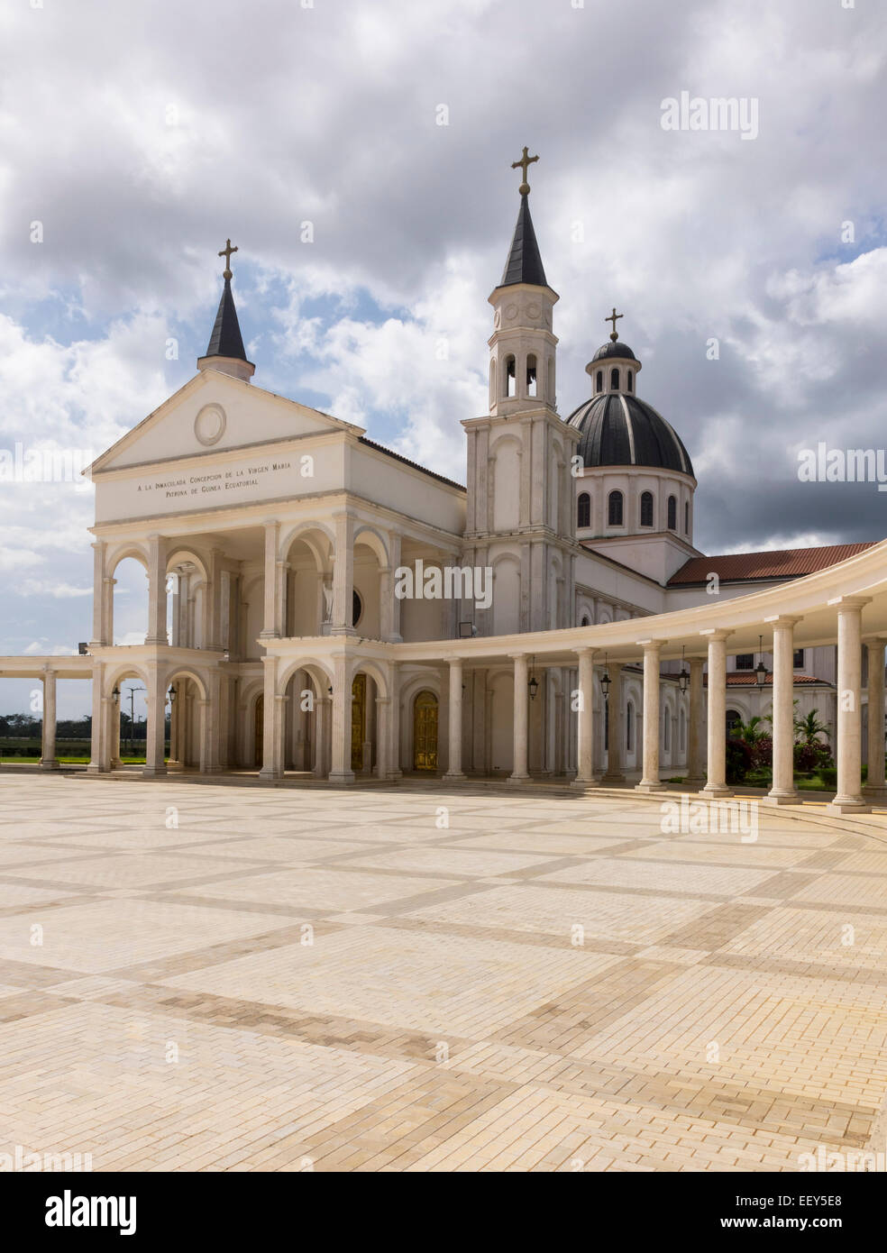 Entrance and square of Basilica of the Immaculate Conception of the Virgin Mary in Mongomo, Equatorial Guinea in West Africa Stock Photo