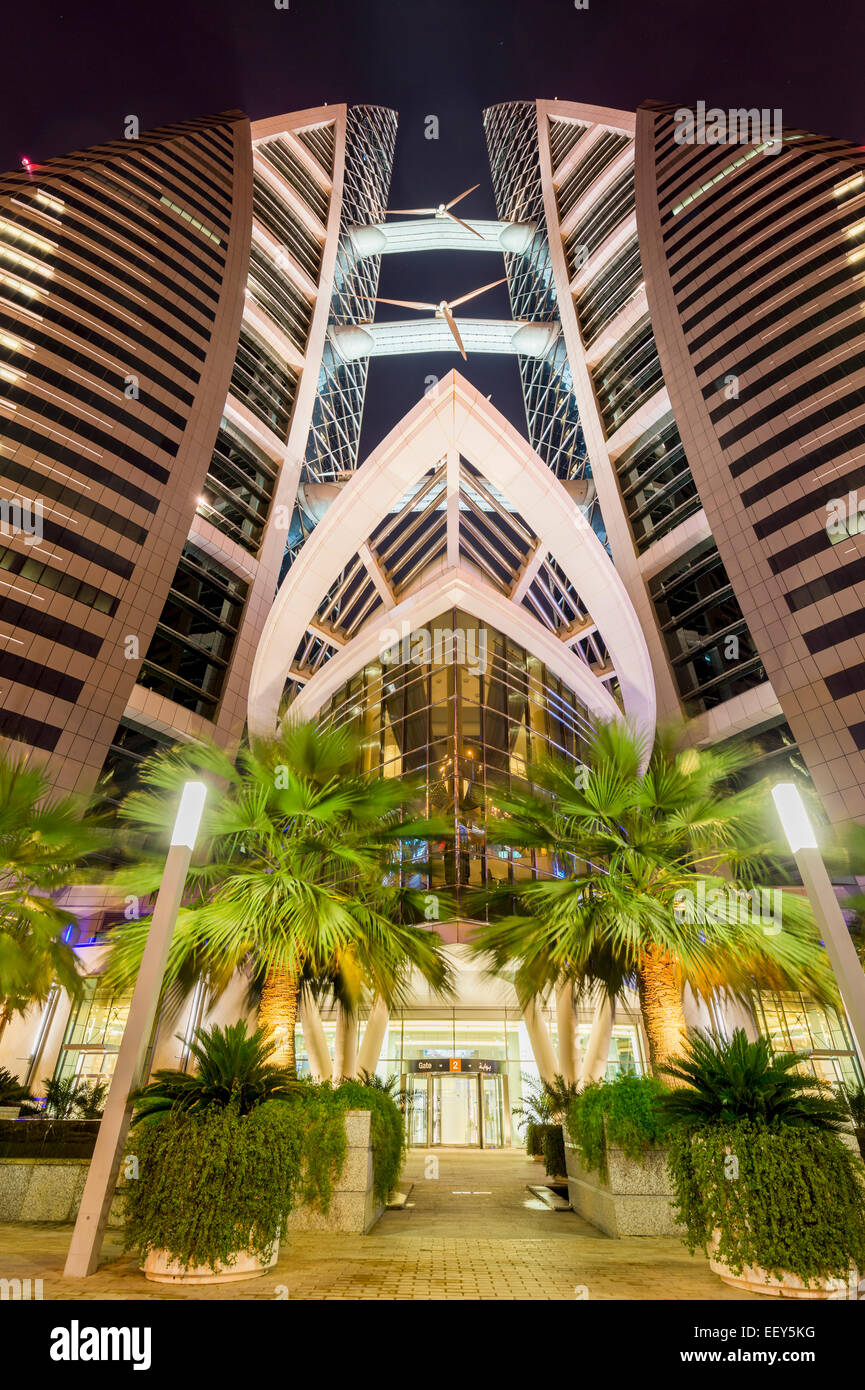 Bahrain World Trade Center in Manama, Bahrain - view looking upwards the two towers Stock Photo