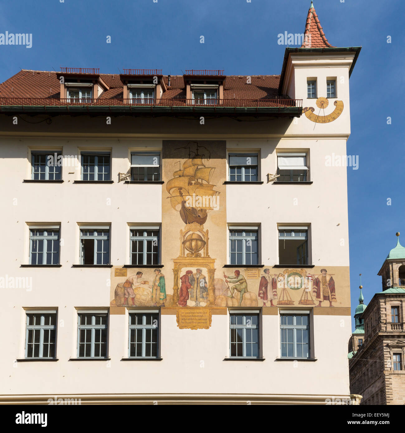 Mural / fresco of explorers on side of Chamber of Commerce in Nuremberg, Germany Stock Photo