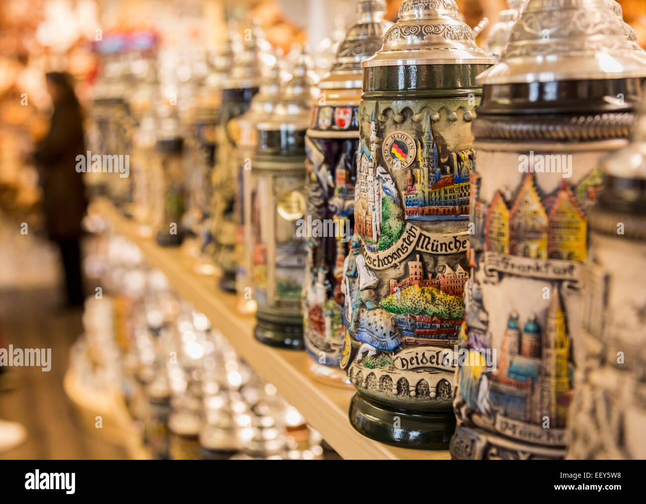 Row of German beer stein or tankards on a shelf in a shop in Regensburg