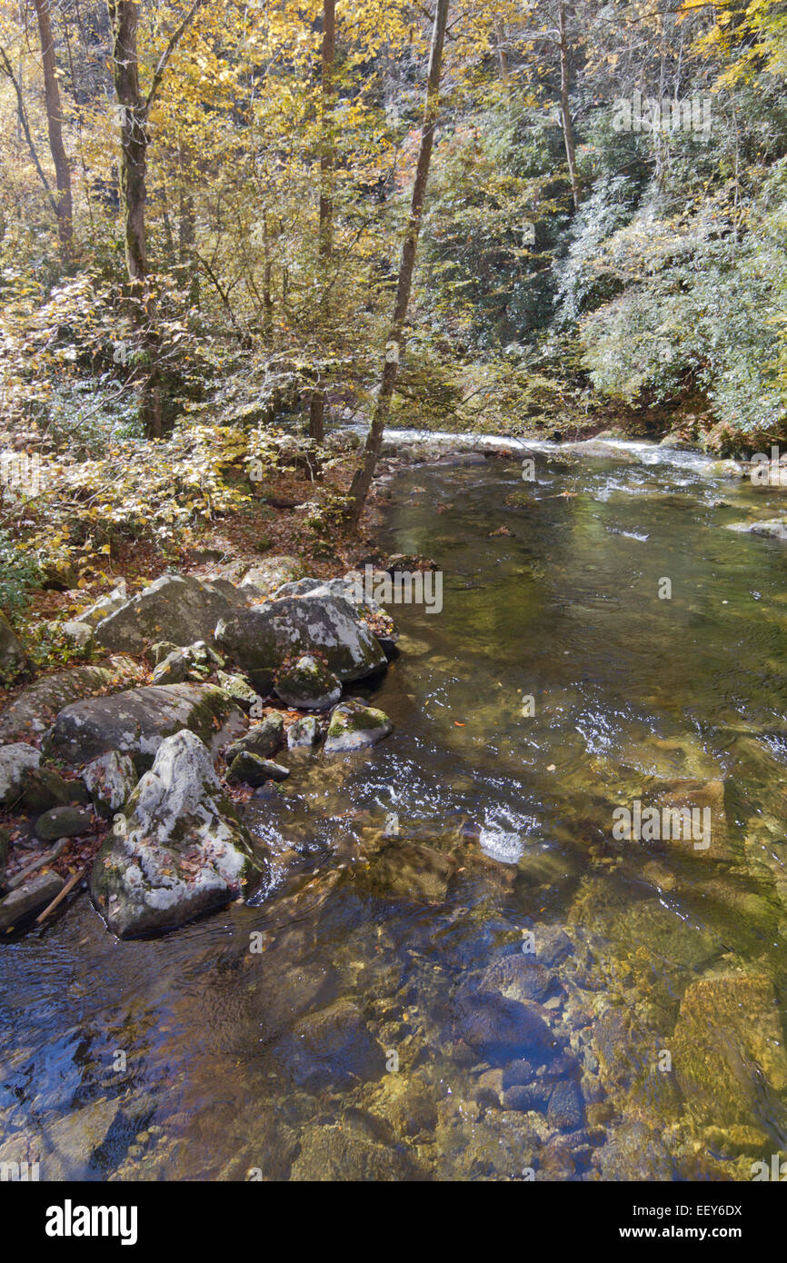 Beautiful, impressionistic, autumn colored Deep Creek in Bryson City, North Carolina Stock Photo
